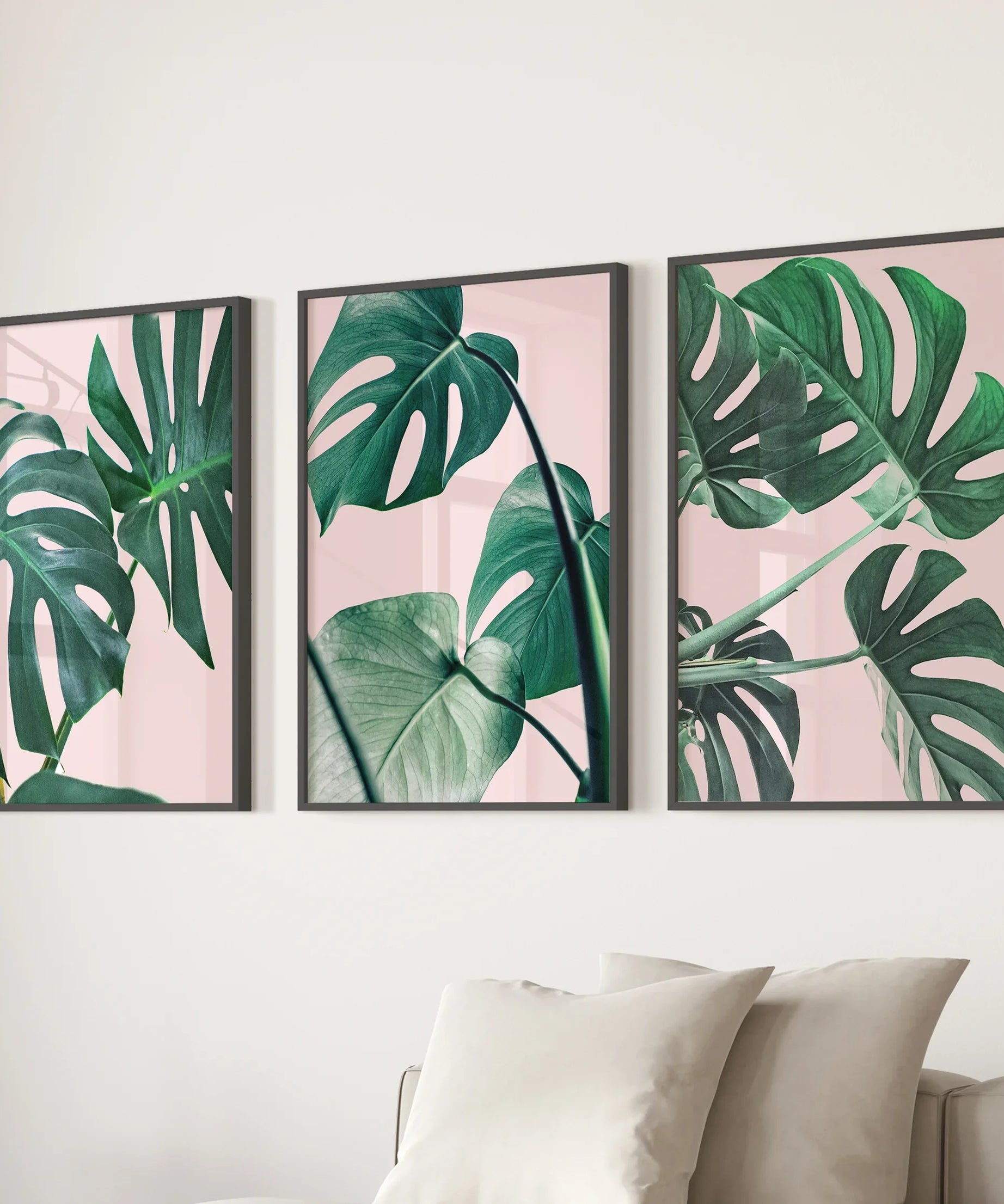 Pink Botanical 3 Piece Wall Art. Green Monstera Leaves Print