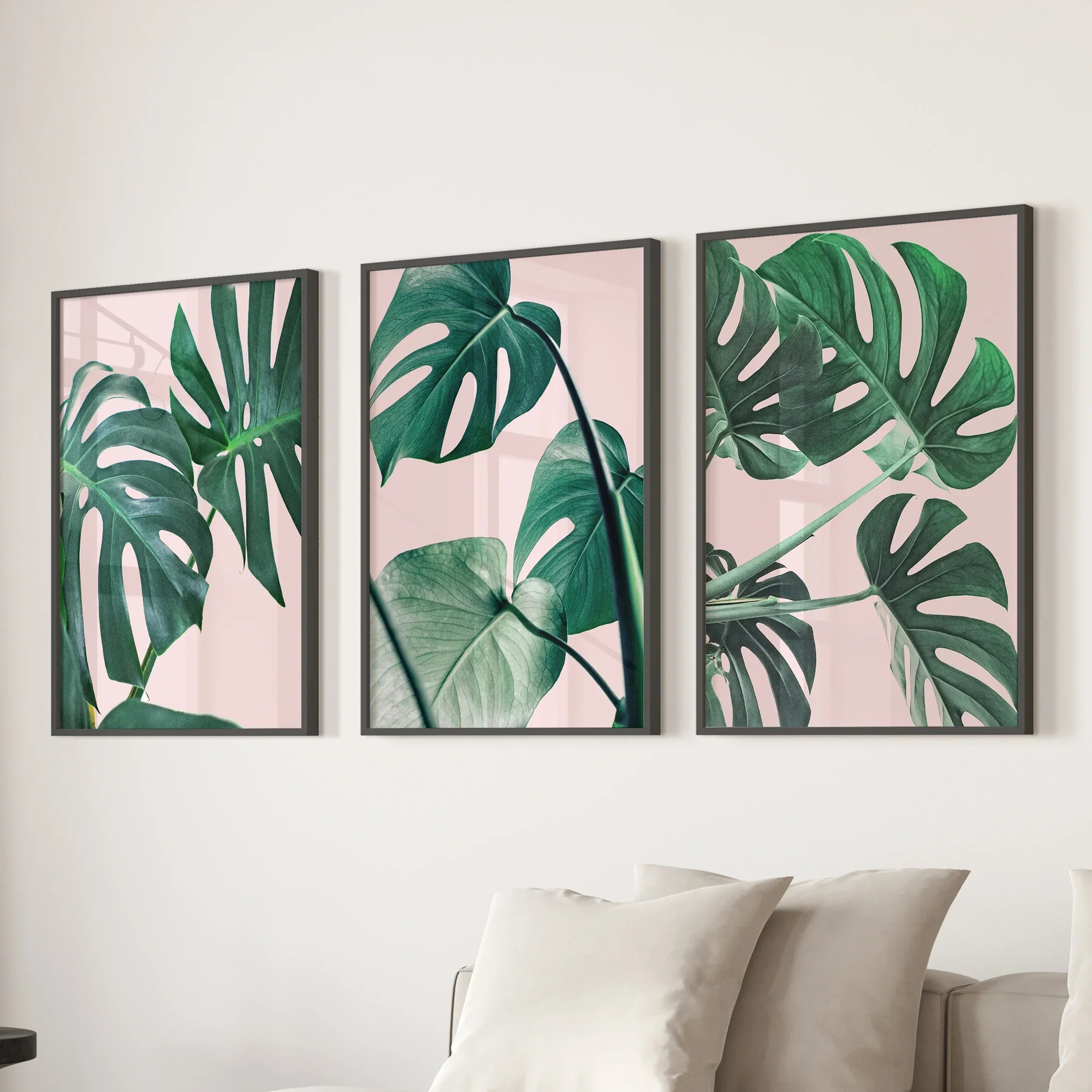 Pink Botanical 3 Piece Wall Art. Green Monstera Leaves Print