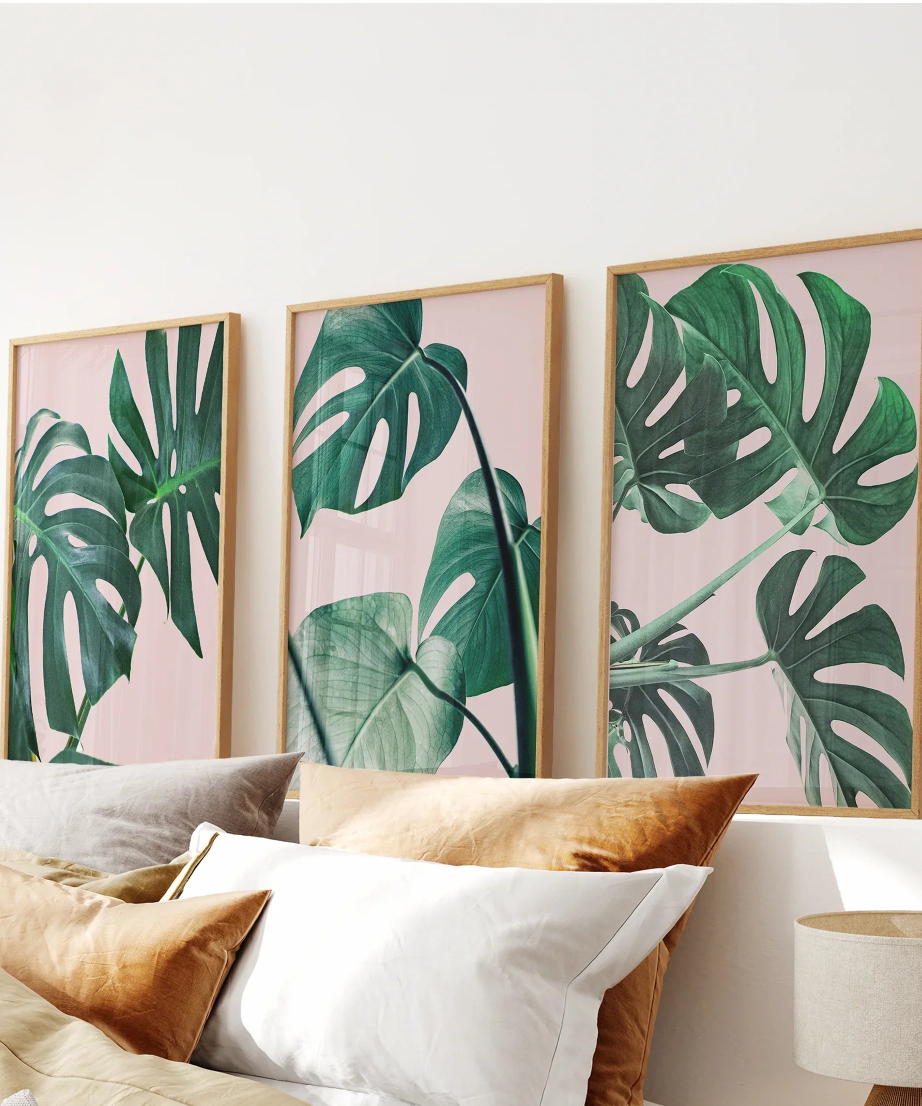 Pink Botanical 3 Piece Wall Art. Green Monstera Leaves Print