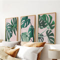Pink Botanical 3 Piece Wall Art. Green Monstera Leaves Print
