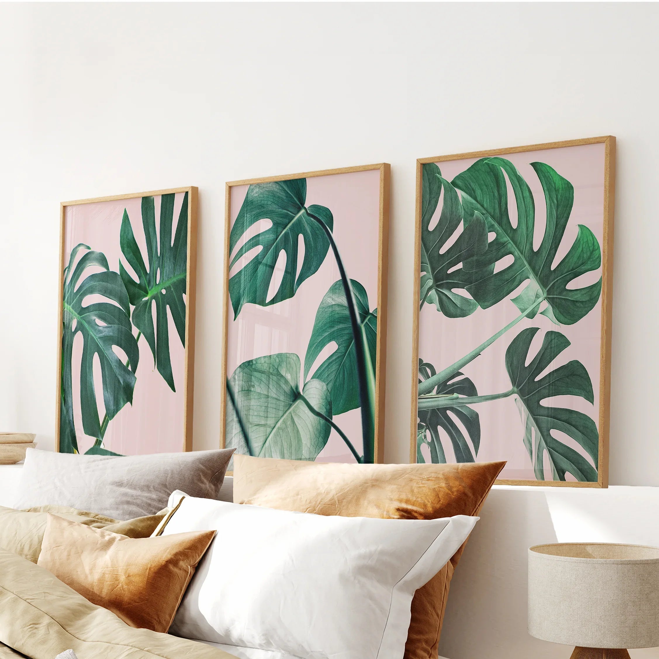 Pink Botanical 3 Piece Wall Art. Green Monstera Leaves Print