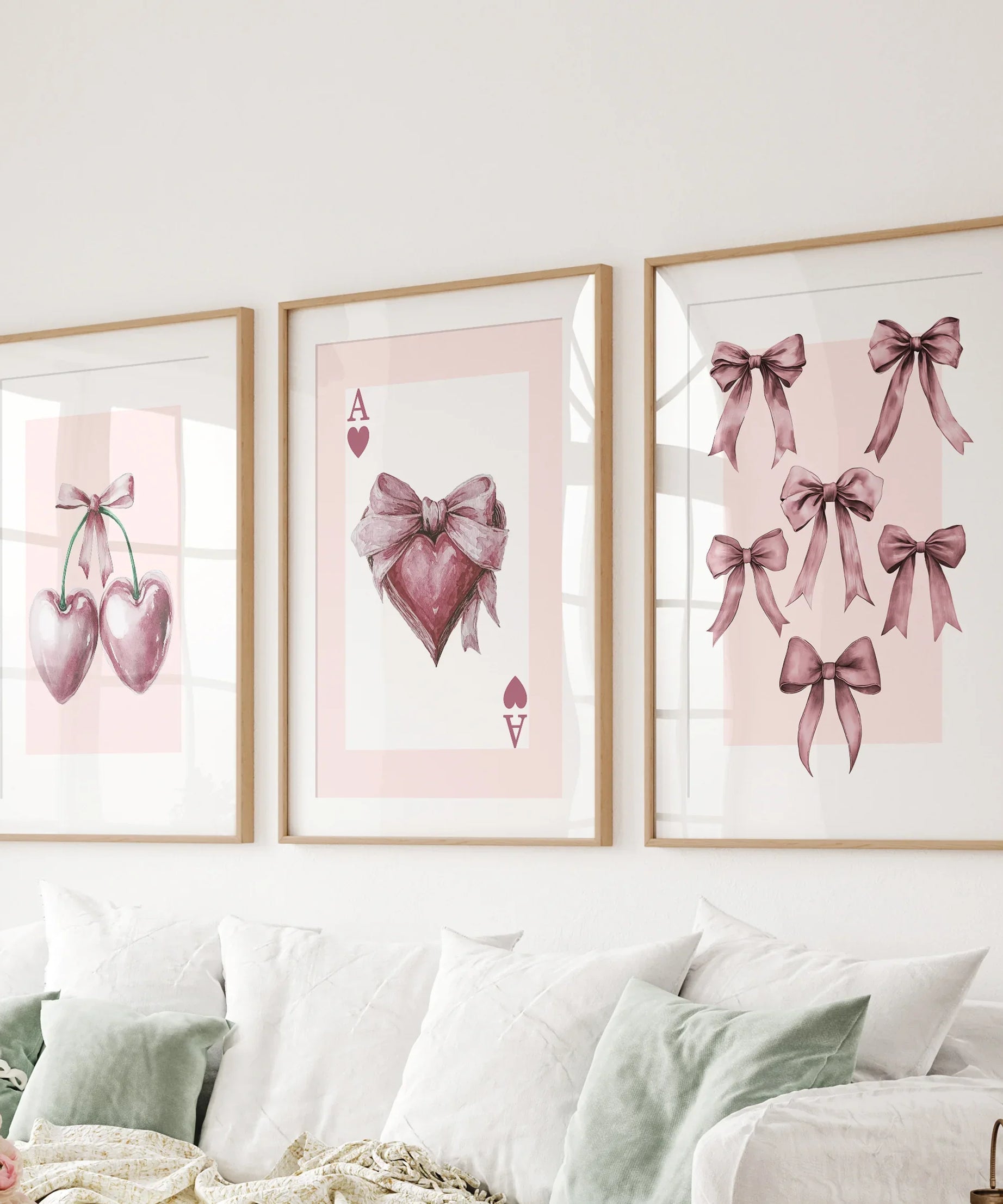 Coquette Cherry Wall Art Set of 3. Pink Romantic Decor