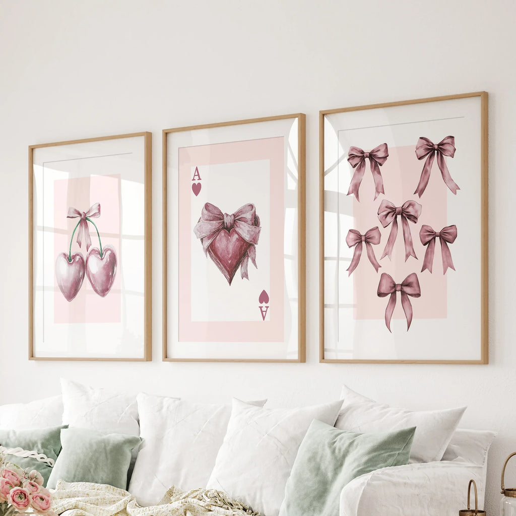 Coquette Cherry Wall Art Set of 3. Pink Romantic Decor