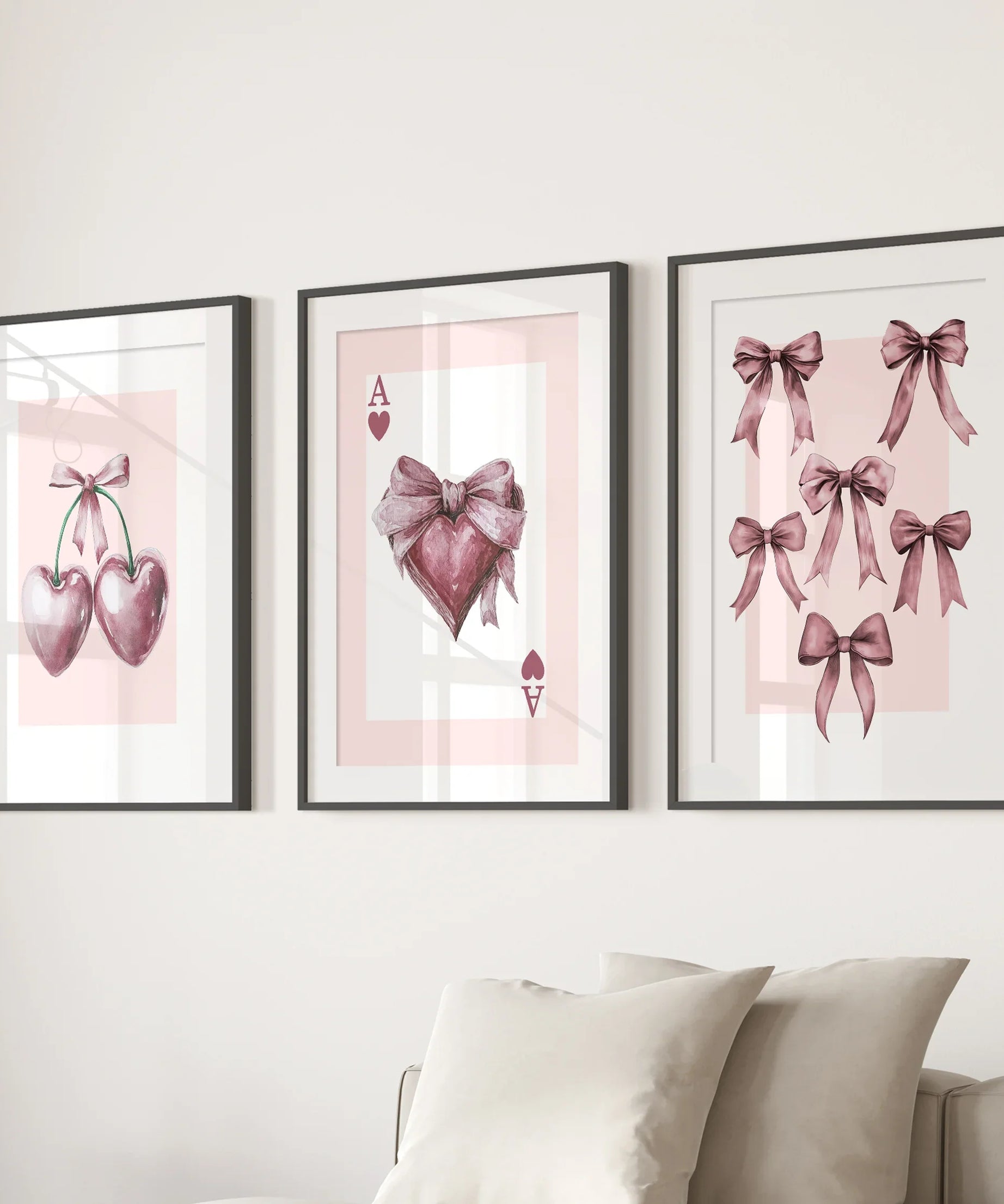 Coquette Cherry Wall Art Set of 3. Pink Romantic Decor