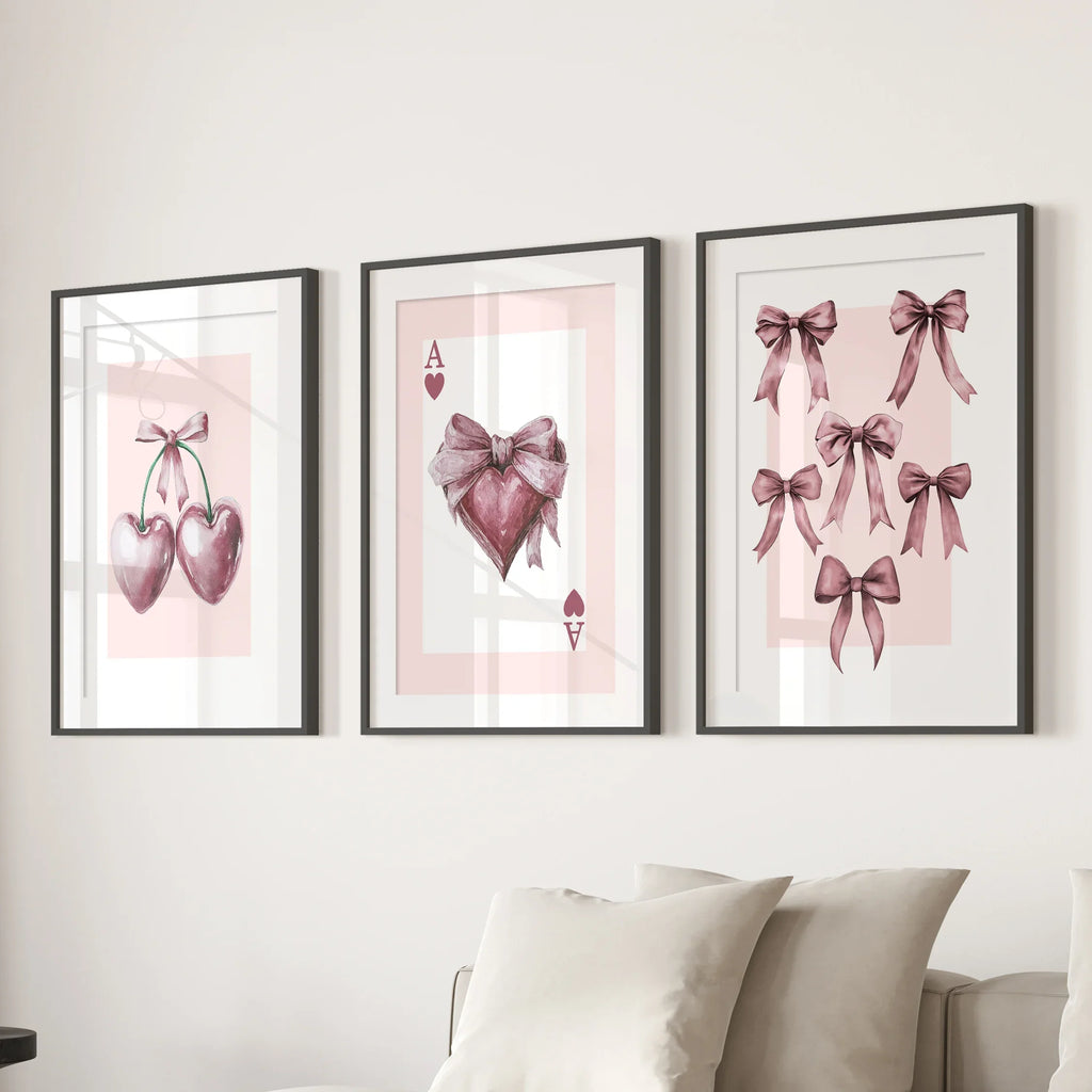 Coquette Cherry Wall Art Set of 3. Pink Romantic Decor