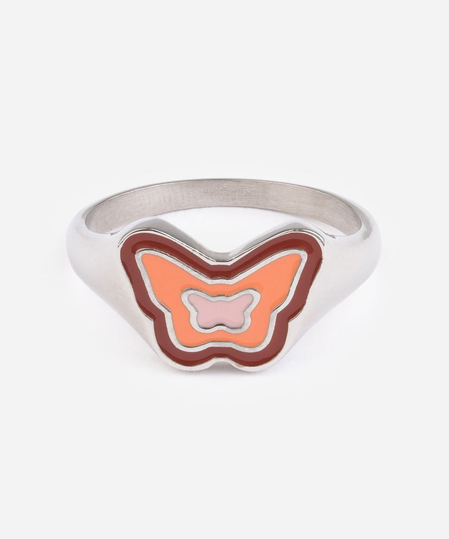 Pink Enamel Silver Butterfly Ring
