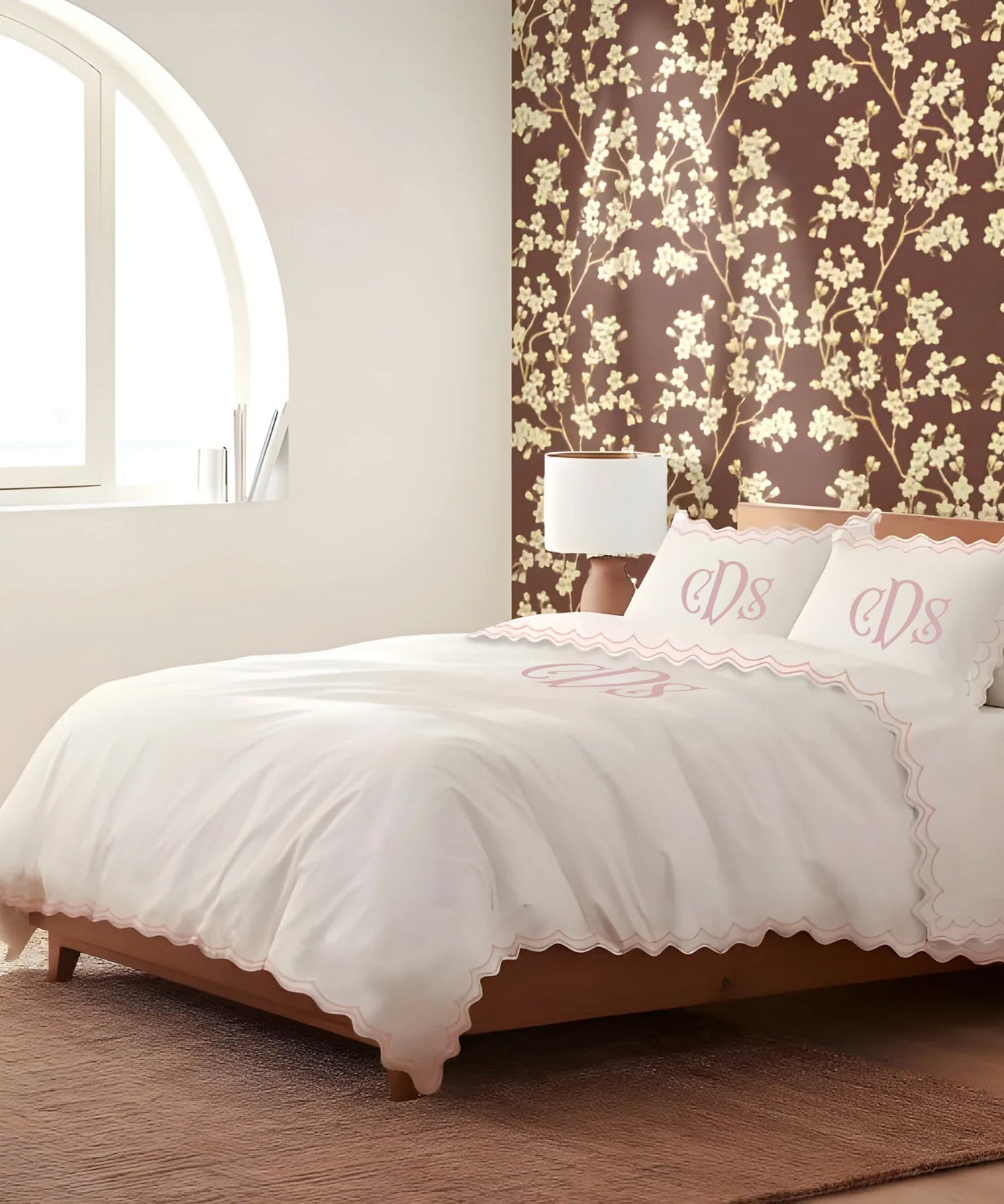 Monogram 400TC Cotton Sateen Double Scallop Embroidery Duvet Cover Set