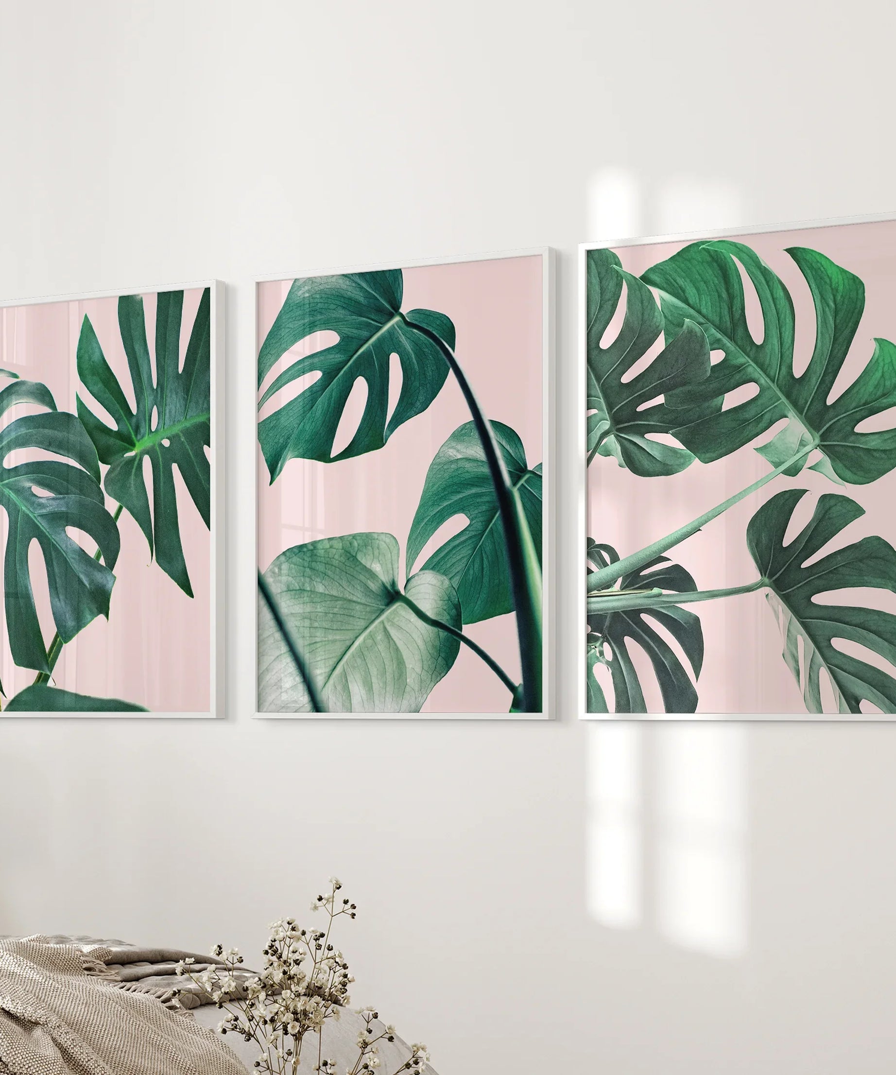 Pink Botanical 3 Piece Wall Art. Green Monstera Leaves Print
