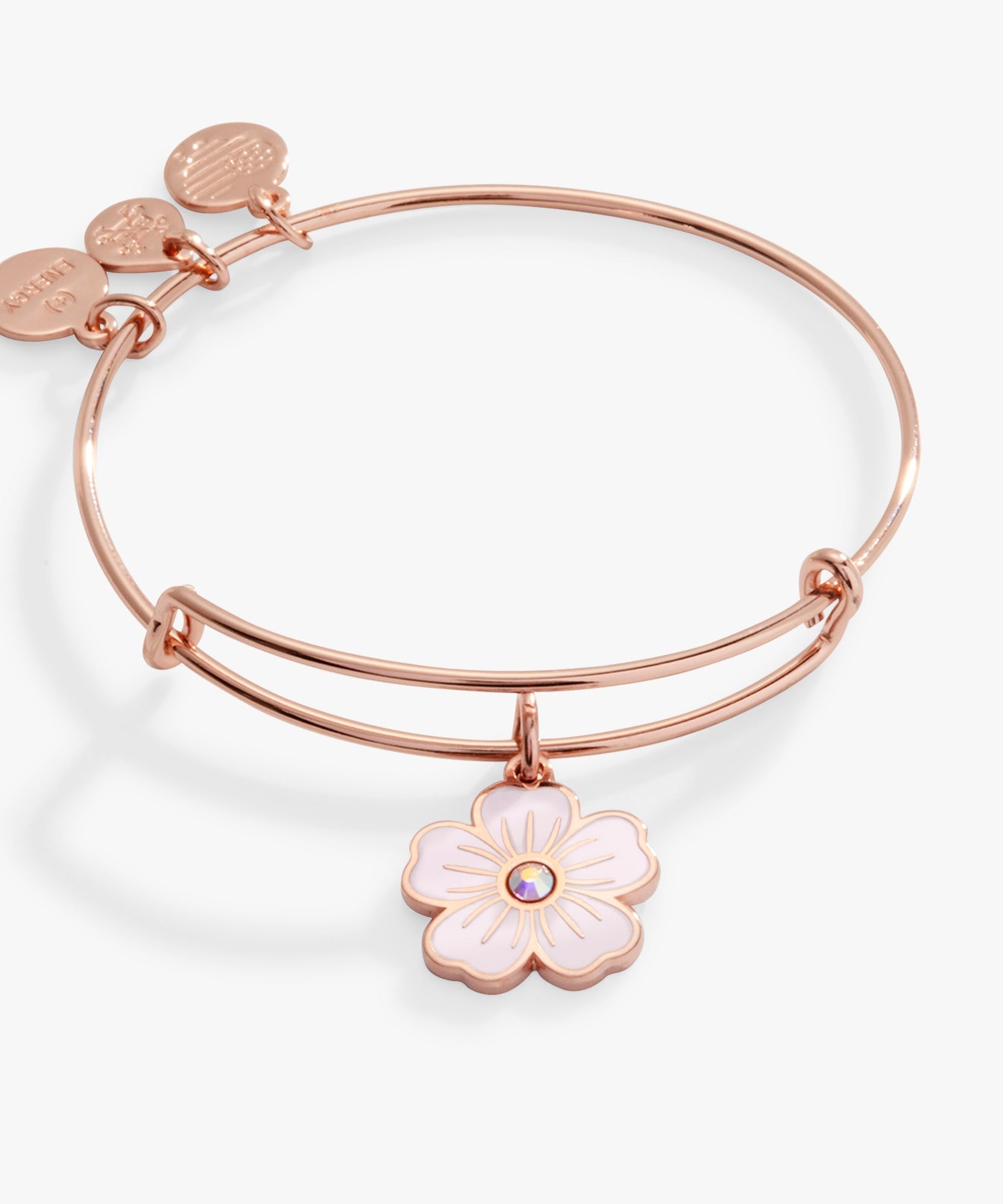Pink Pansy and Crystal Charm Bangle Bracelet