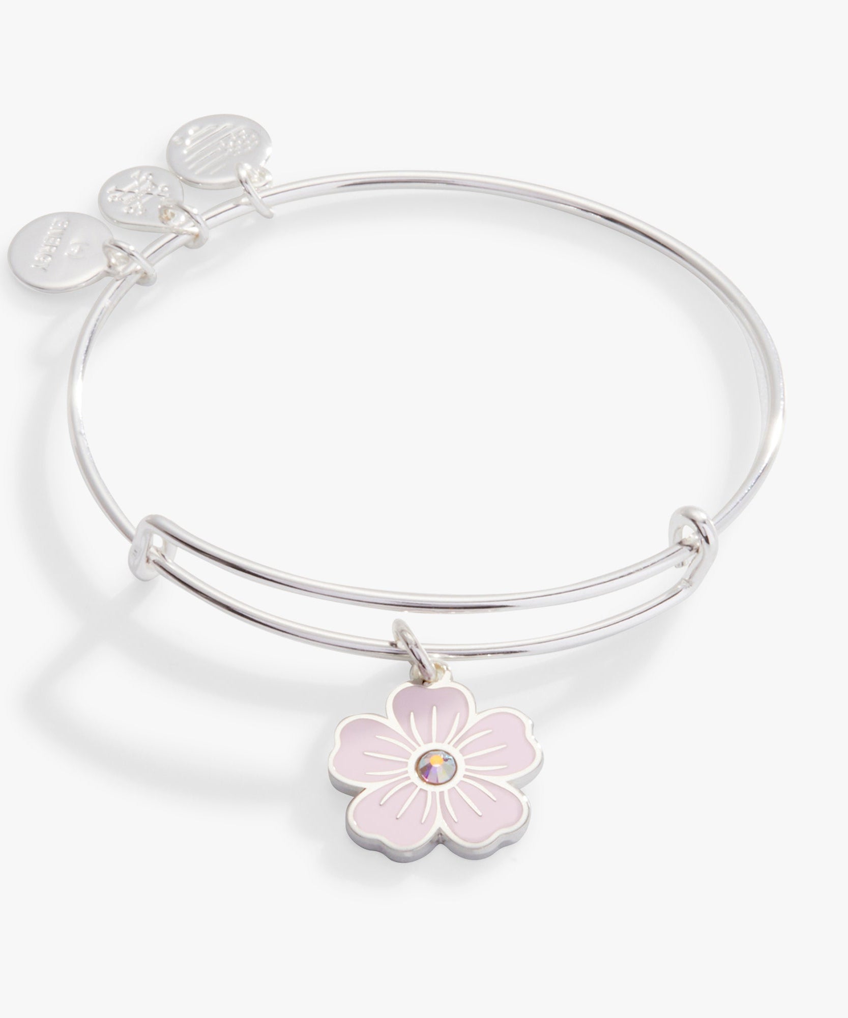 Pink Pansy and Crystal Charm Bangle Bracelet