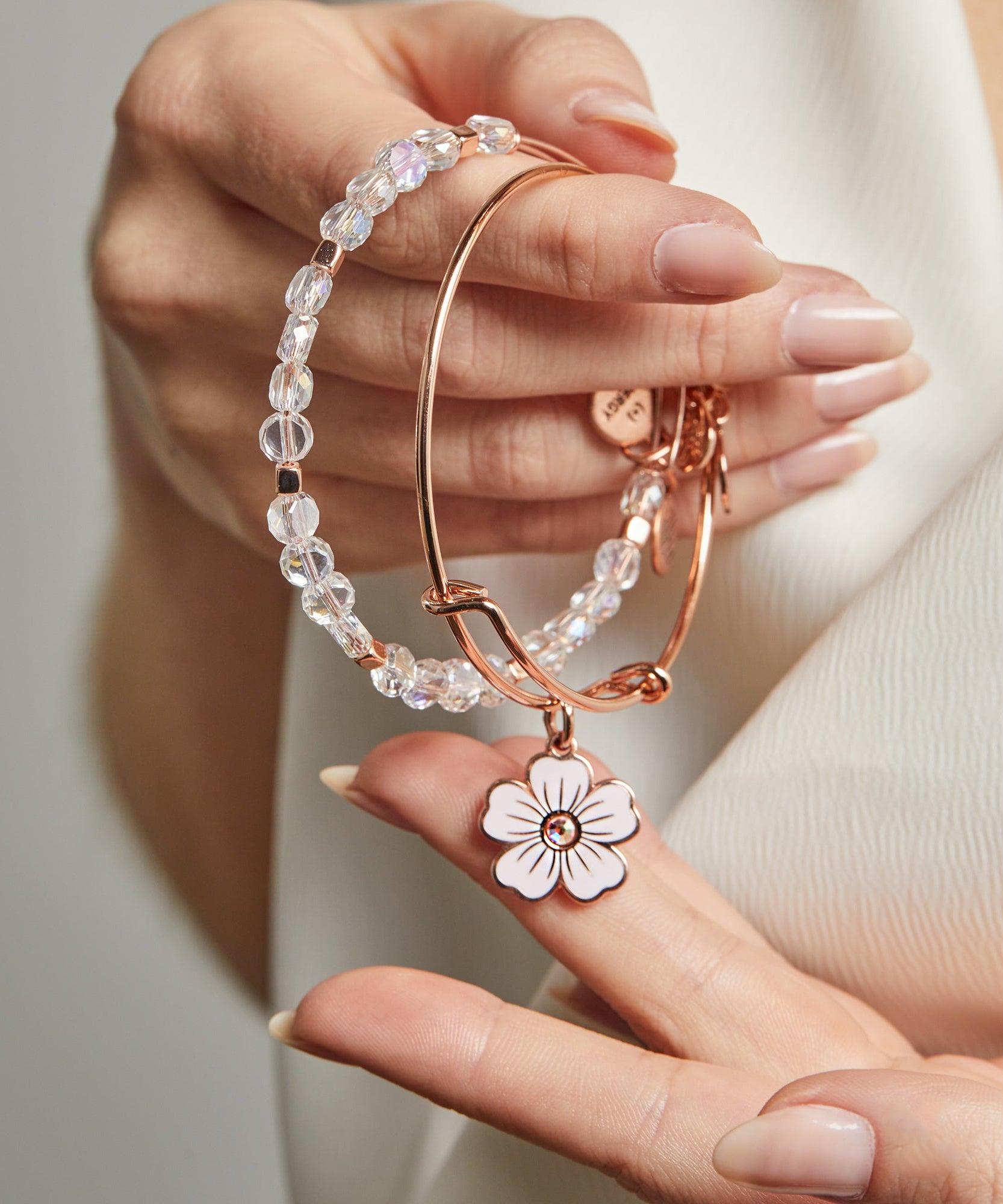 Pink Pansy and Crystal Charm Bangle Bracelet