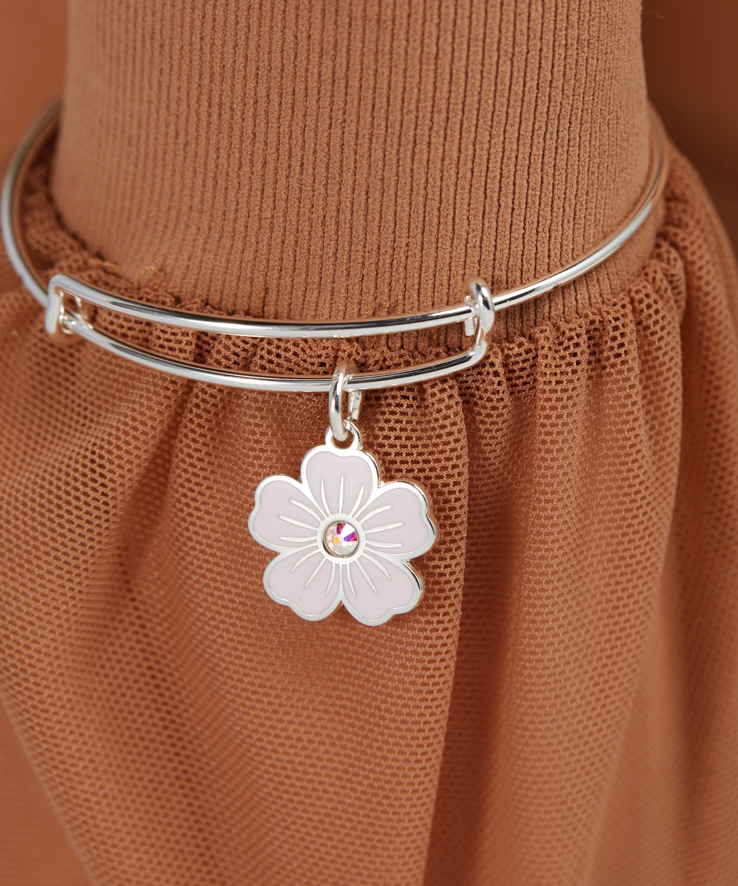 Pink Pansy and Crystal Charm Bangle Bracelet