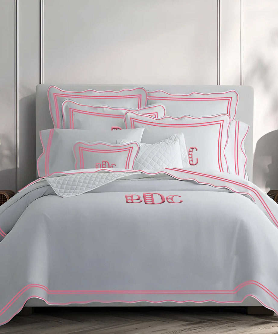 Monogram 400TC Wavy Embroidery & Border Cotton Sateen Solid Duvet Cover Set