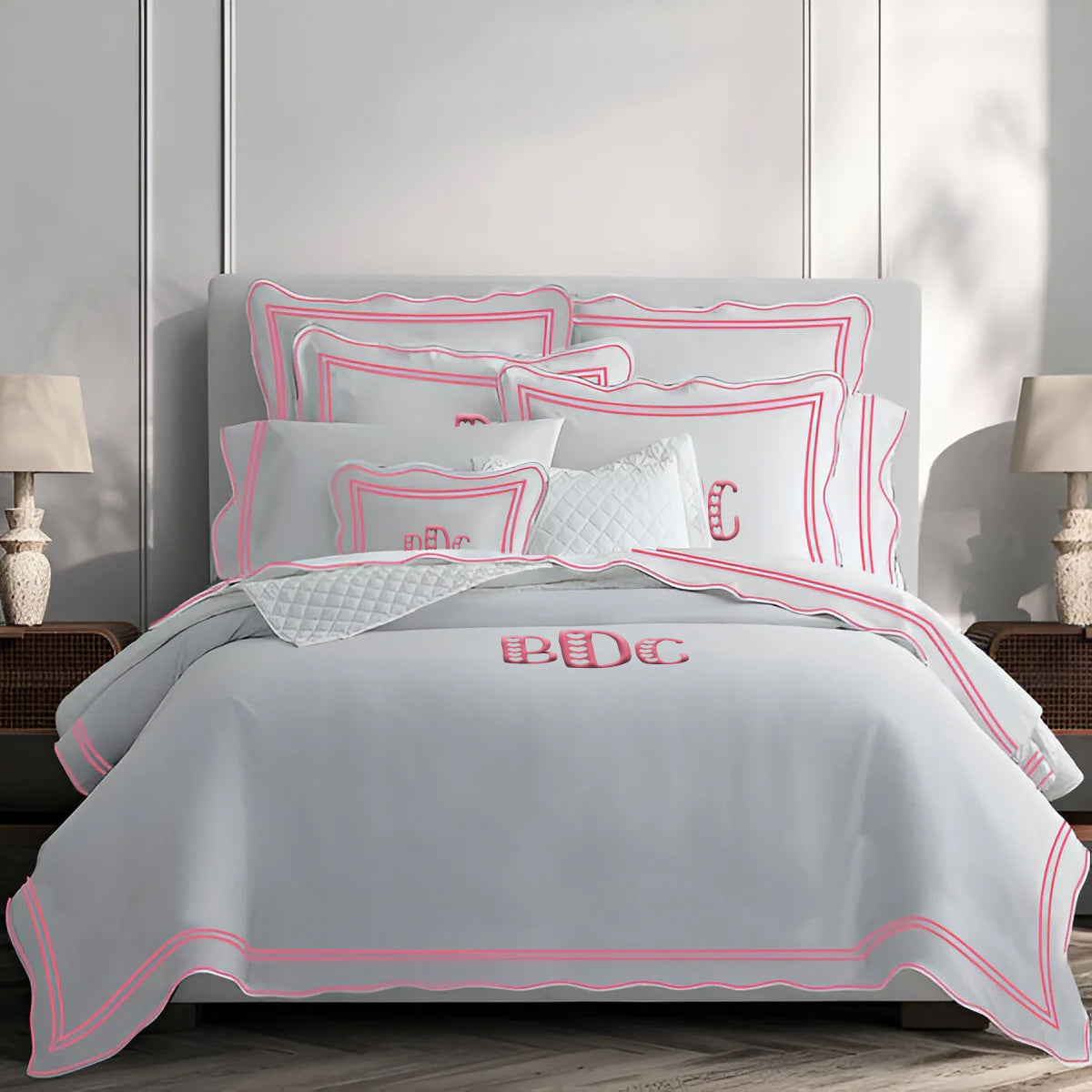 Monogram 400TC Wavy Embroidery & Border Cotton Sateen Solid Duvet Cover Set
