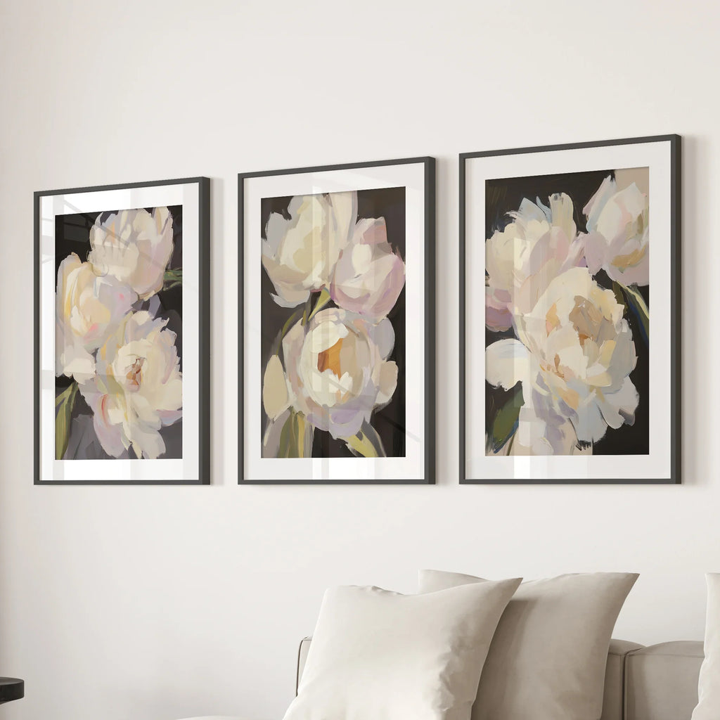 Moody Pink and White Peonies Art. Floral Set of 3 Prints