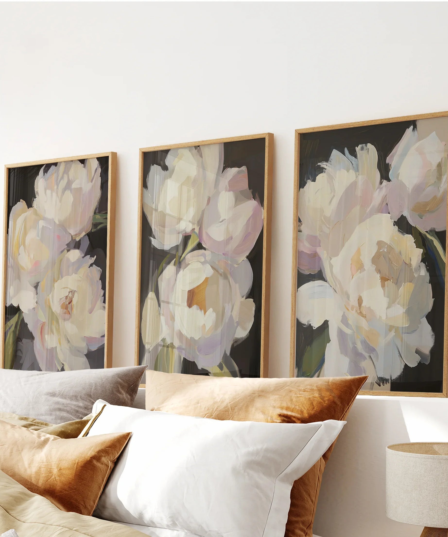 Moody Pink and White Peonies Art. Floral Set of 3 Prints