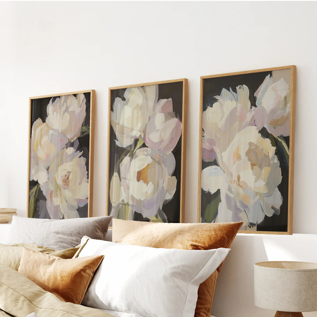 Moody Pink and White Peonies Art. Floral Set of 3 Prints