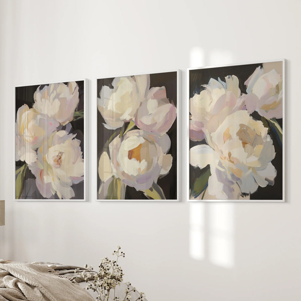 Moody Pink and White Peonies Art. Floral Set of 3 Prints