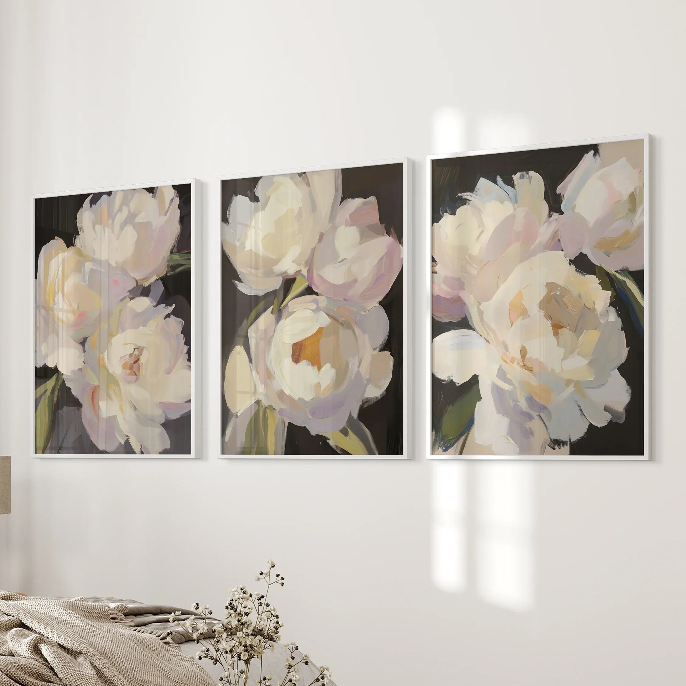 Moody Pink and White Peonies Art. Floral Set of 3 Prints