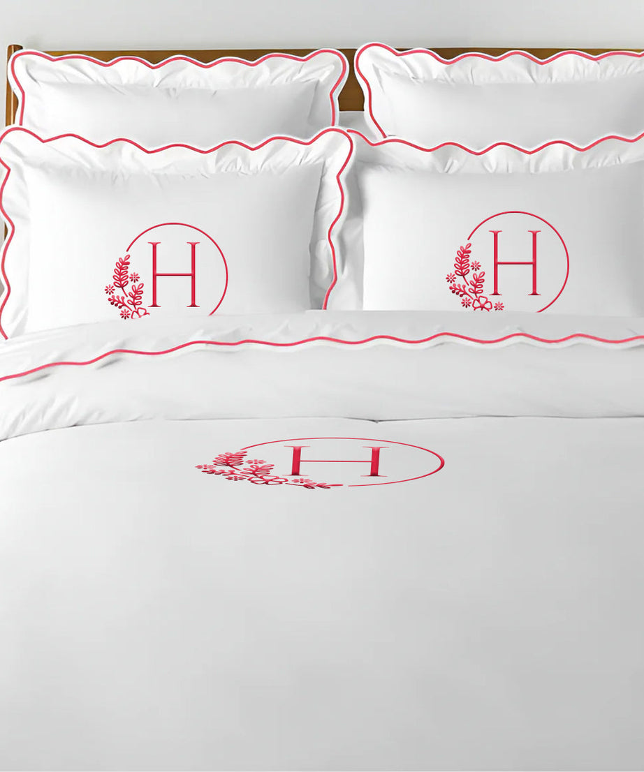 Monogram 400TC Cotton Scallop Embroidery Sateen Solid Duvet Cover Set