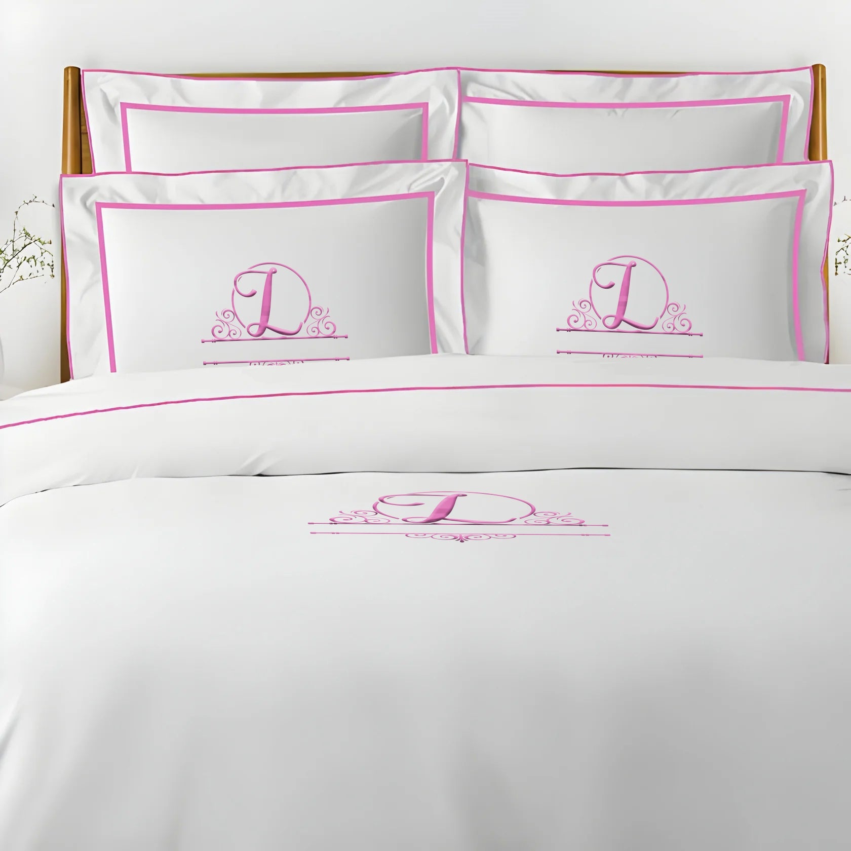 Monogram Embroidery & Border Cotton Sateen Solid Duvet Cover Set