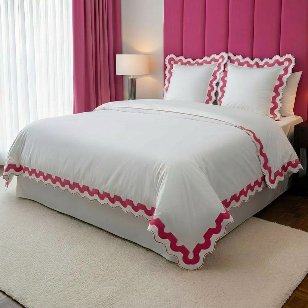 400TC U Shape Applique Scalloped Embroidery Cotton Duvet Cover Set