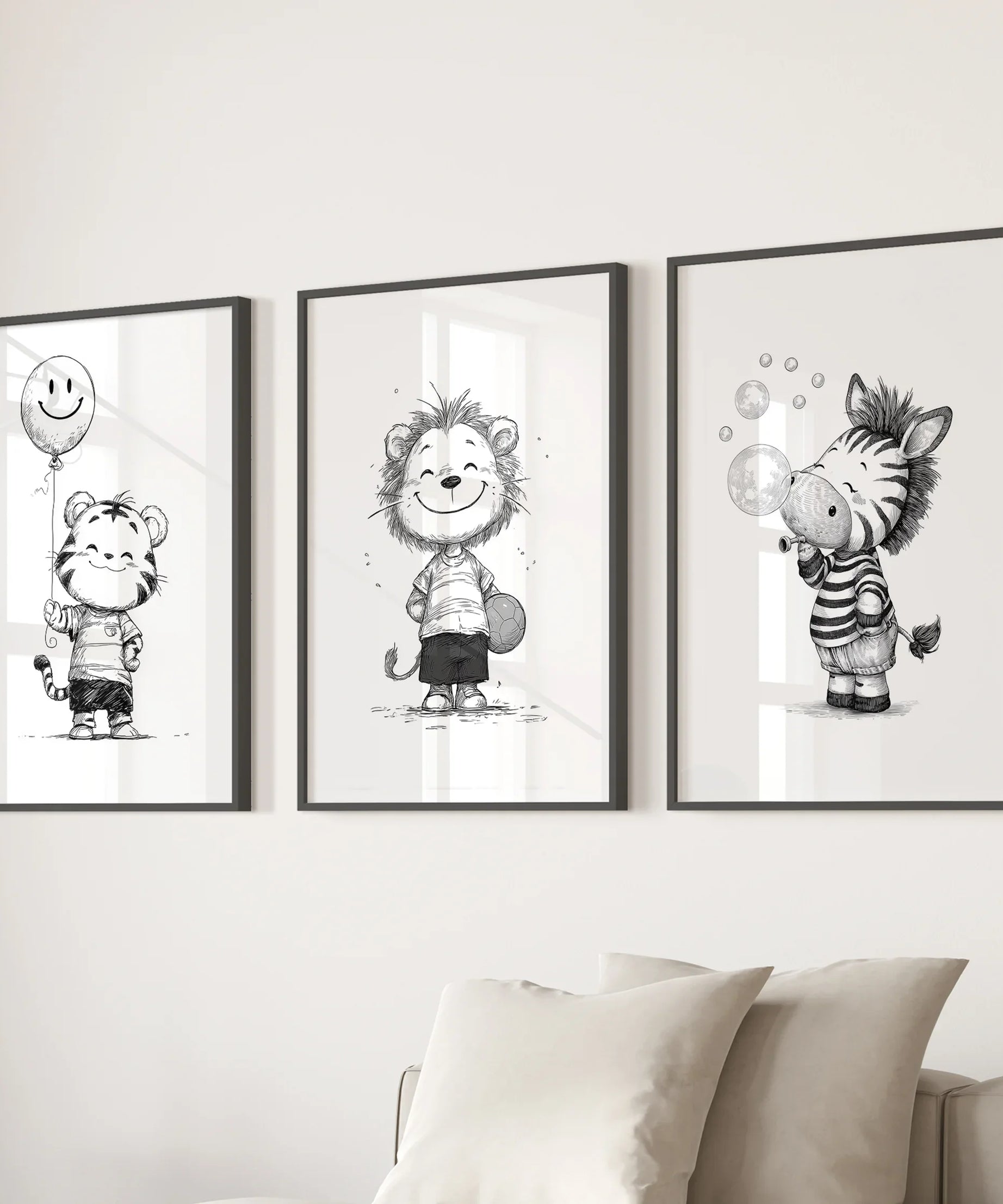 Black White Gender-Neutral Nursery Art Set. Lion Tiger Zebra