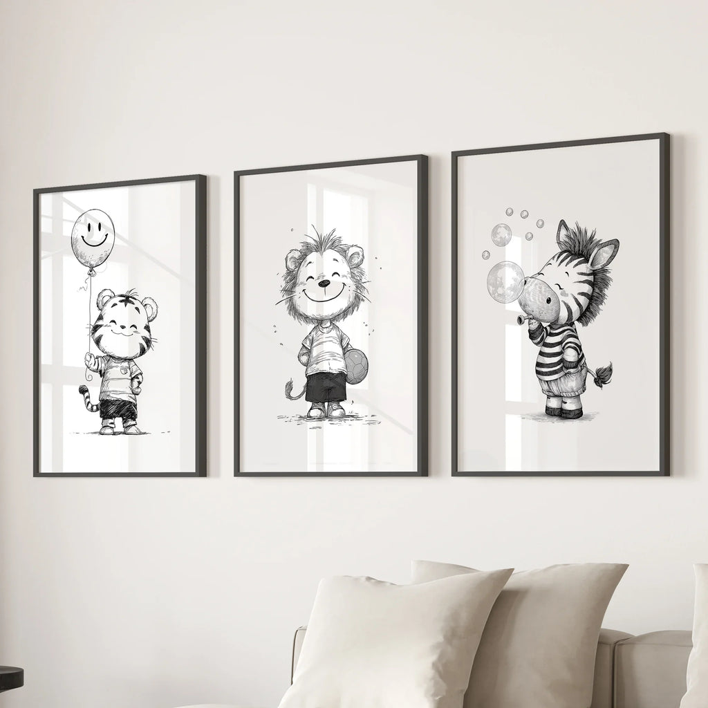 Black White Gender-Neutral Nursery Art Set. Lion Tiger Zebra