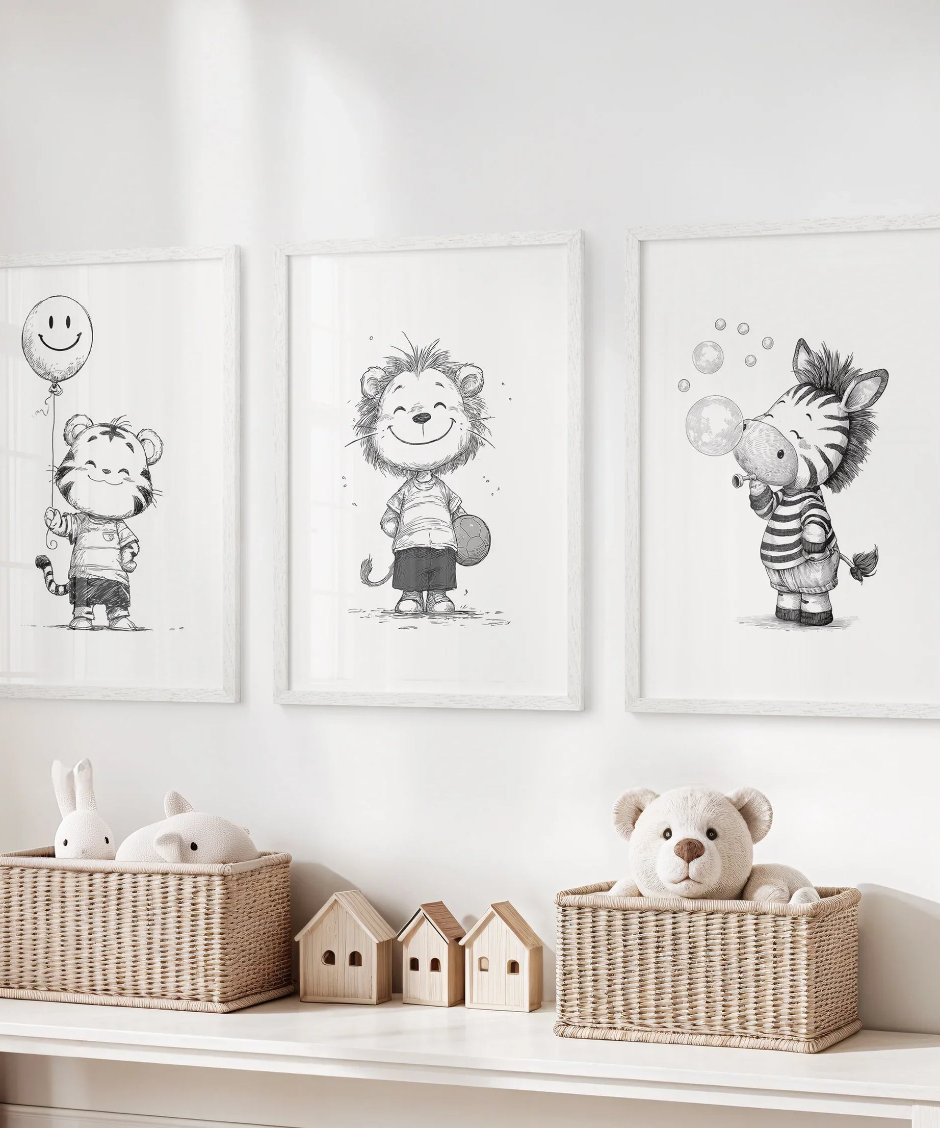 Black White Gender-Neutral Nursery Art Set. Lion Tiger Zebra