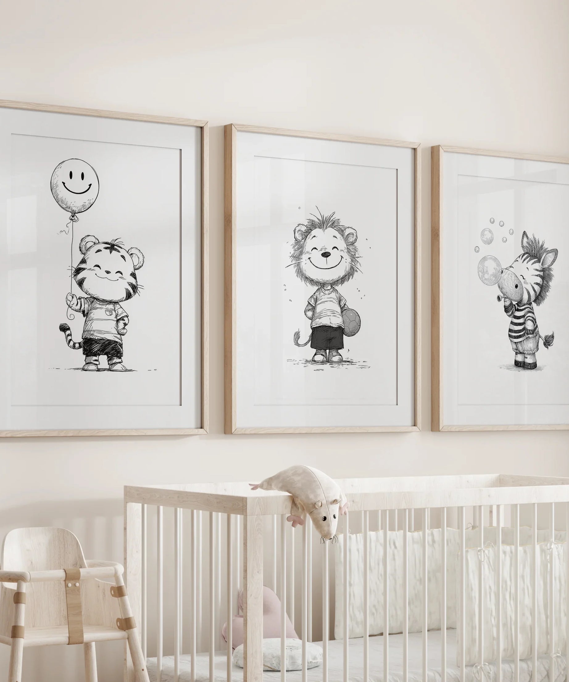 Black White Gender-Neutral Nursery Art Set. Lion Tiger Zebra