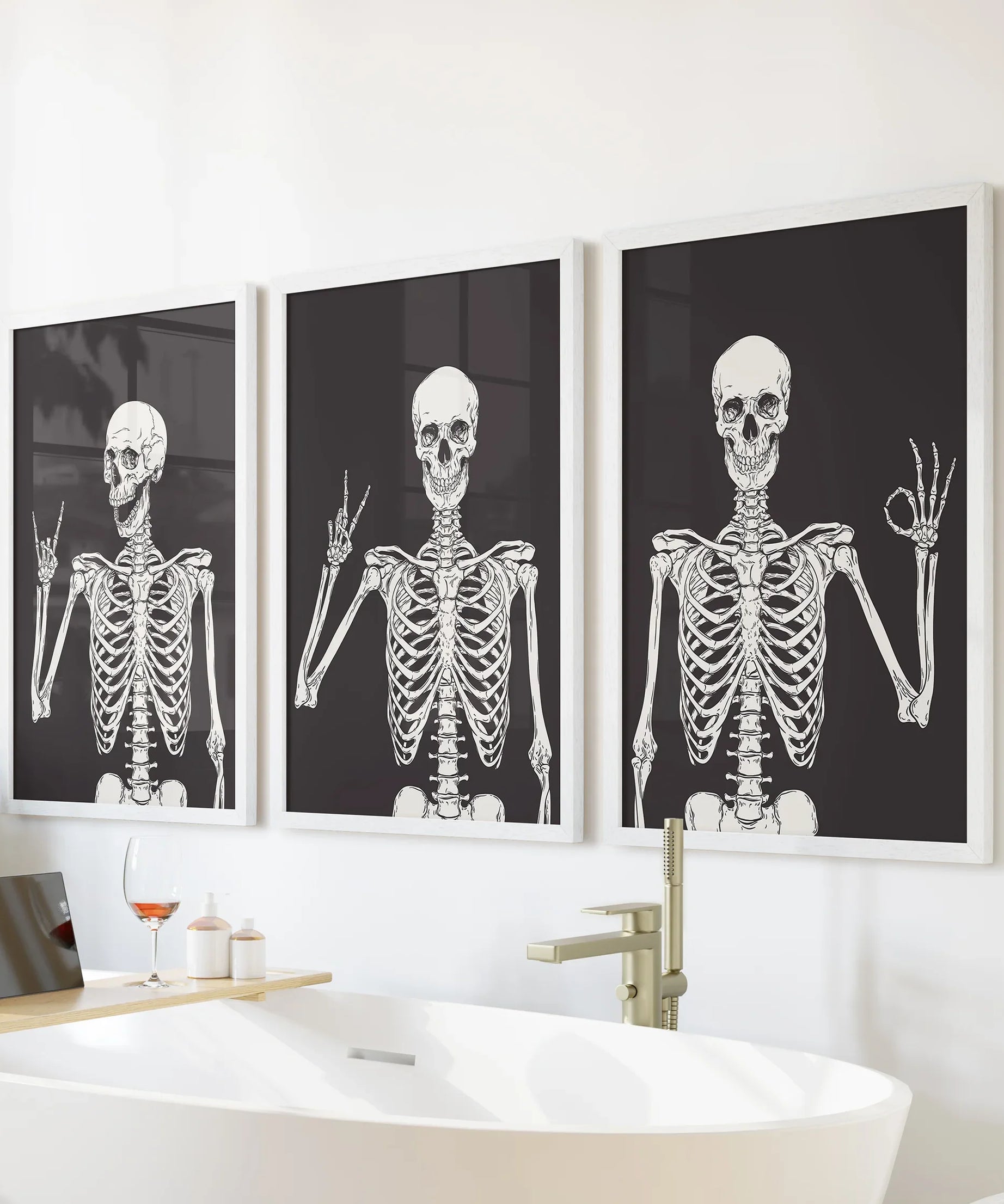 Halloween Skeleton Wall Art Set. 3 Piece Black Gothic Prints