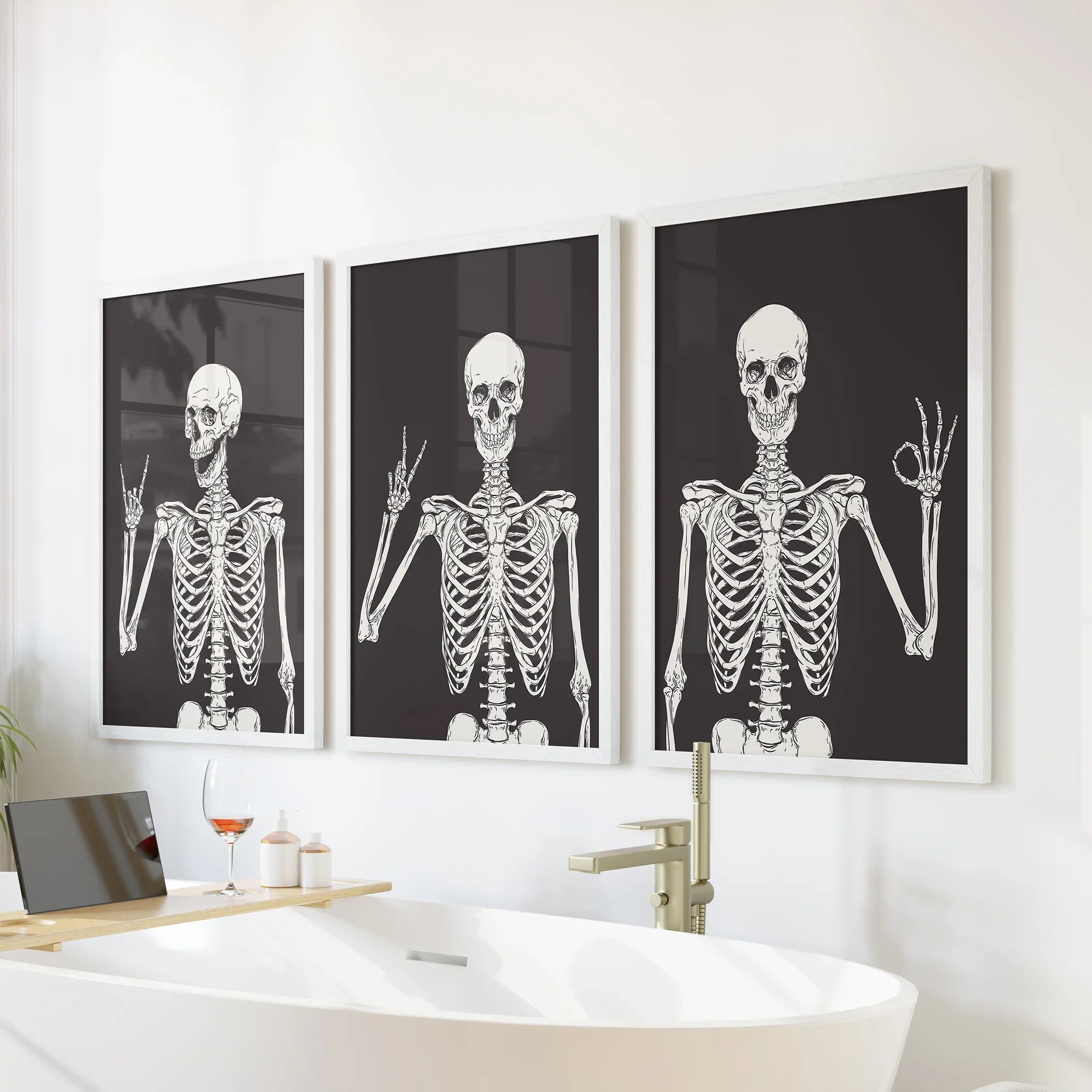 Halloween Skeleton Wall Art Set. 3 Piece Black Gothic Prints