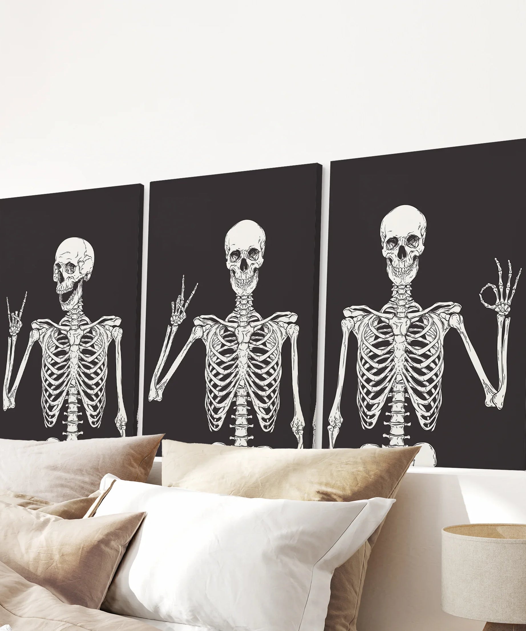 Halloween Skeleton Wall Art Set. 3 Piece Black Gothic Prints