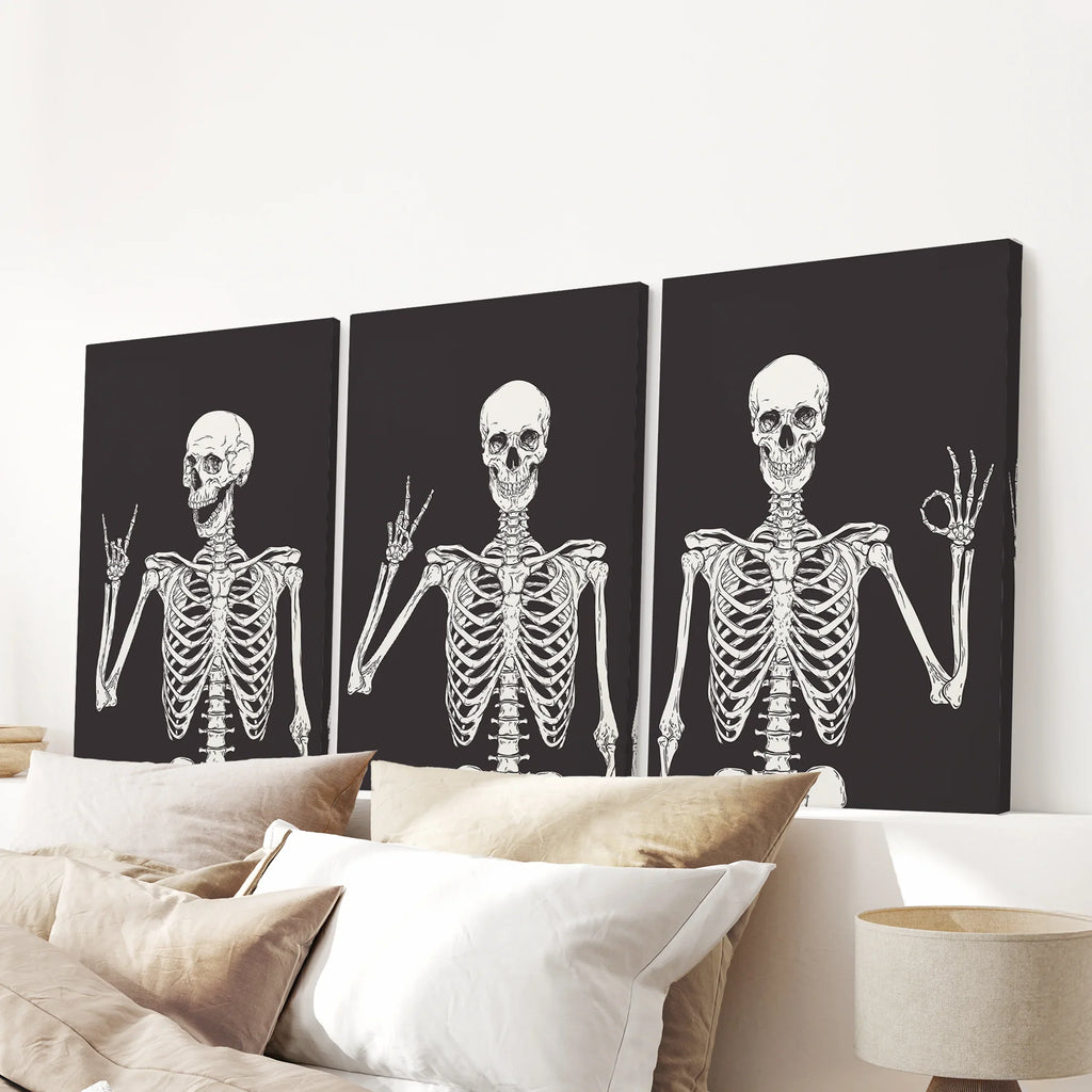 Halloween Skeleton Wall Art Set. 3 Piece Black Gothic Prints