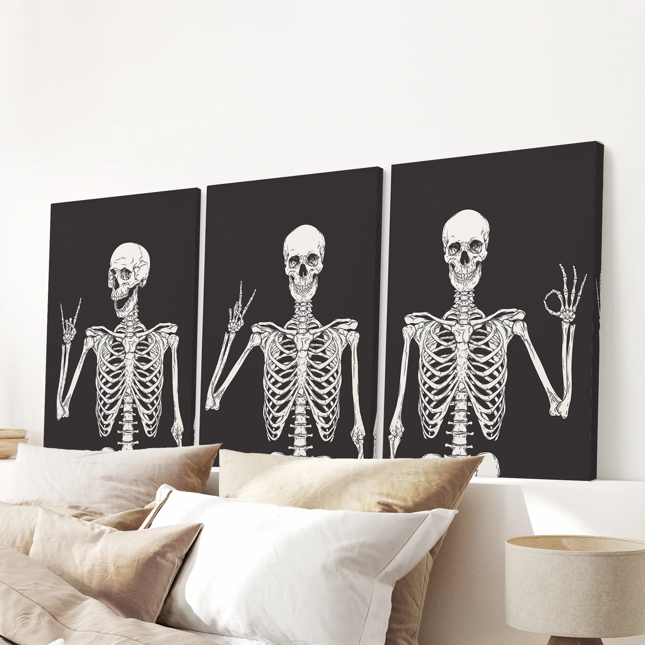 Halloween Skeleton Wall Art Set. 3 Piece Black Gothic Prints