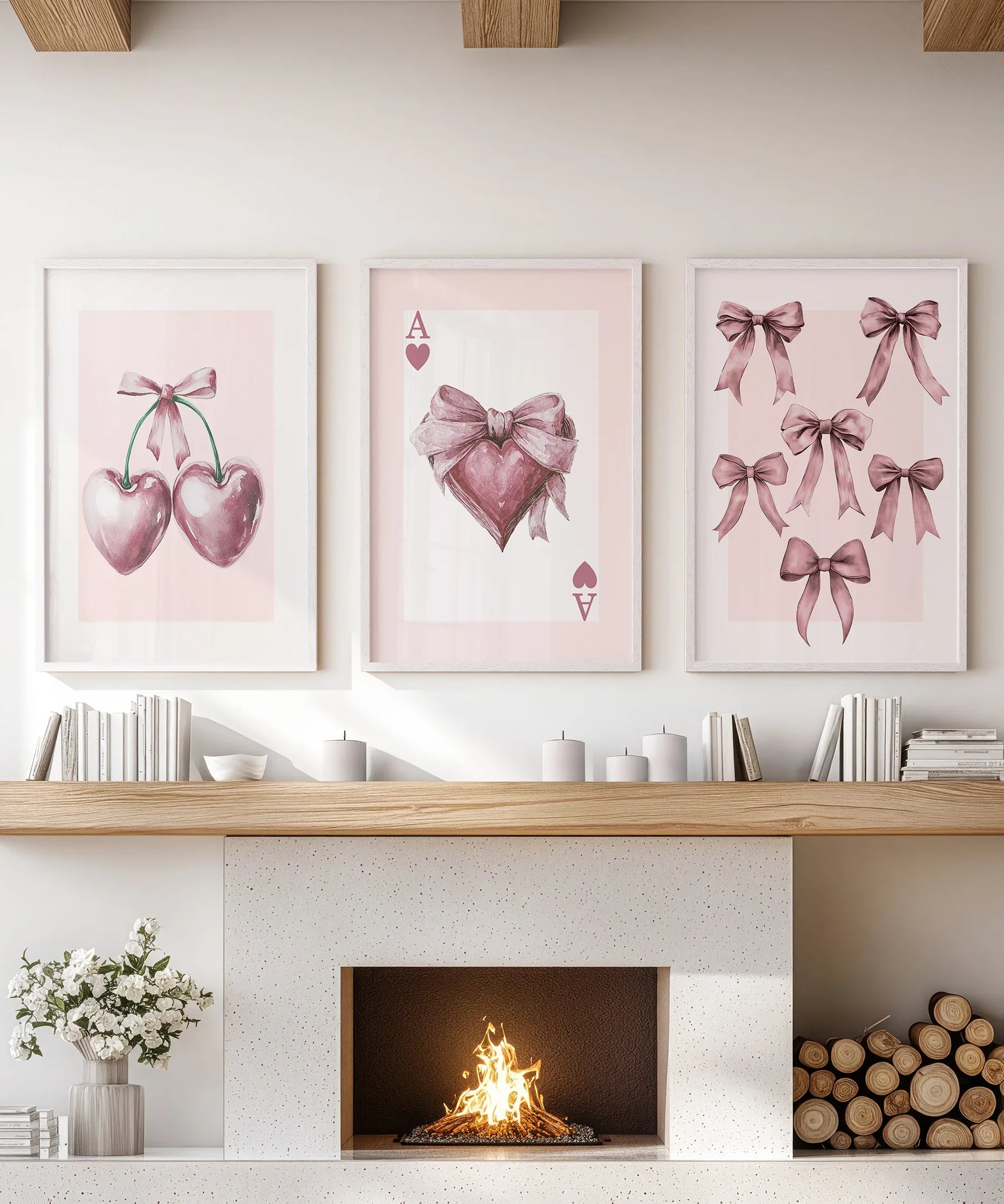 Coquette Cherry Wall Art Set of 3. Pink Romantic Decor