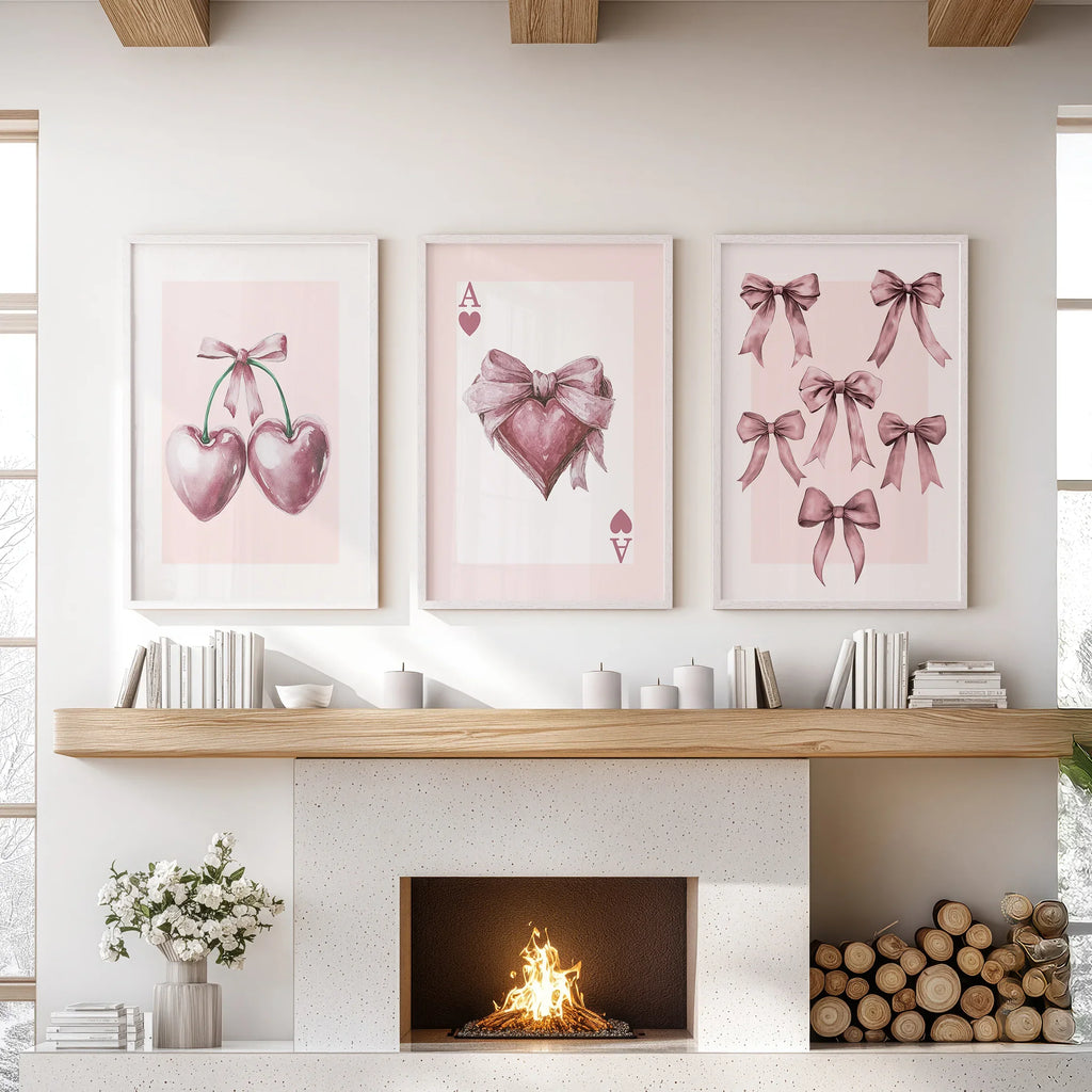 Coquette Cherry Wall Art Set of 3. Pink Romantic Decor
