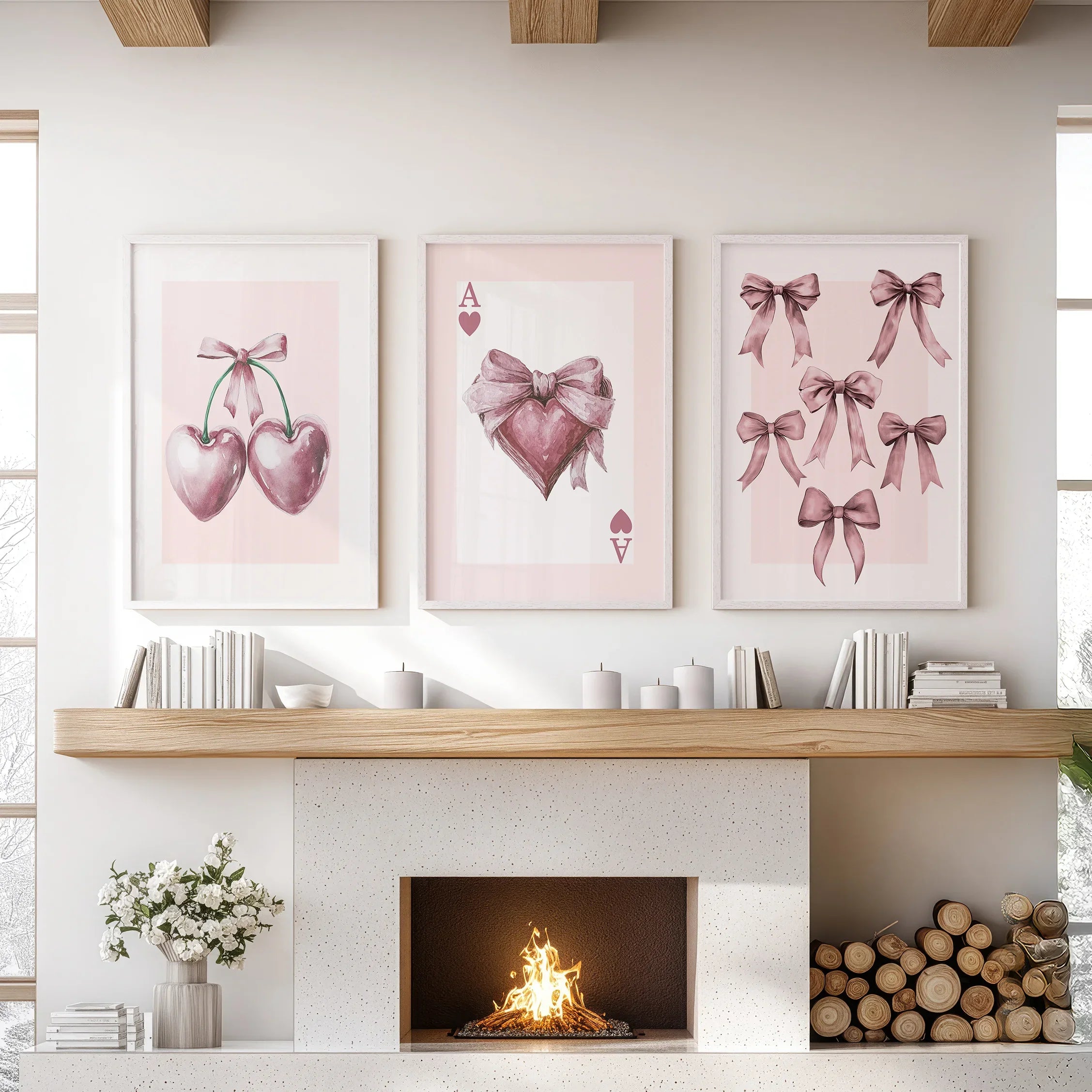 Coquette Cherry Wall Art Set of 3. Pink Romantic Decor