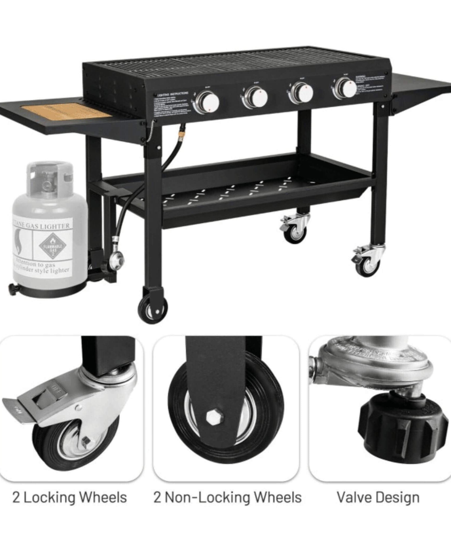 Portable Outdoor 4 Burner Propane Flat Top Gas Grill W/ Wheels, 60K BTU (SAK66104)