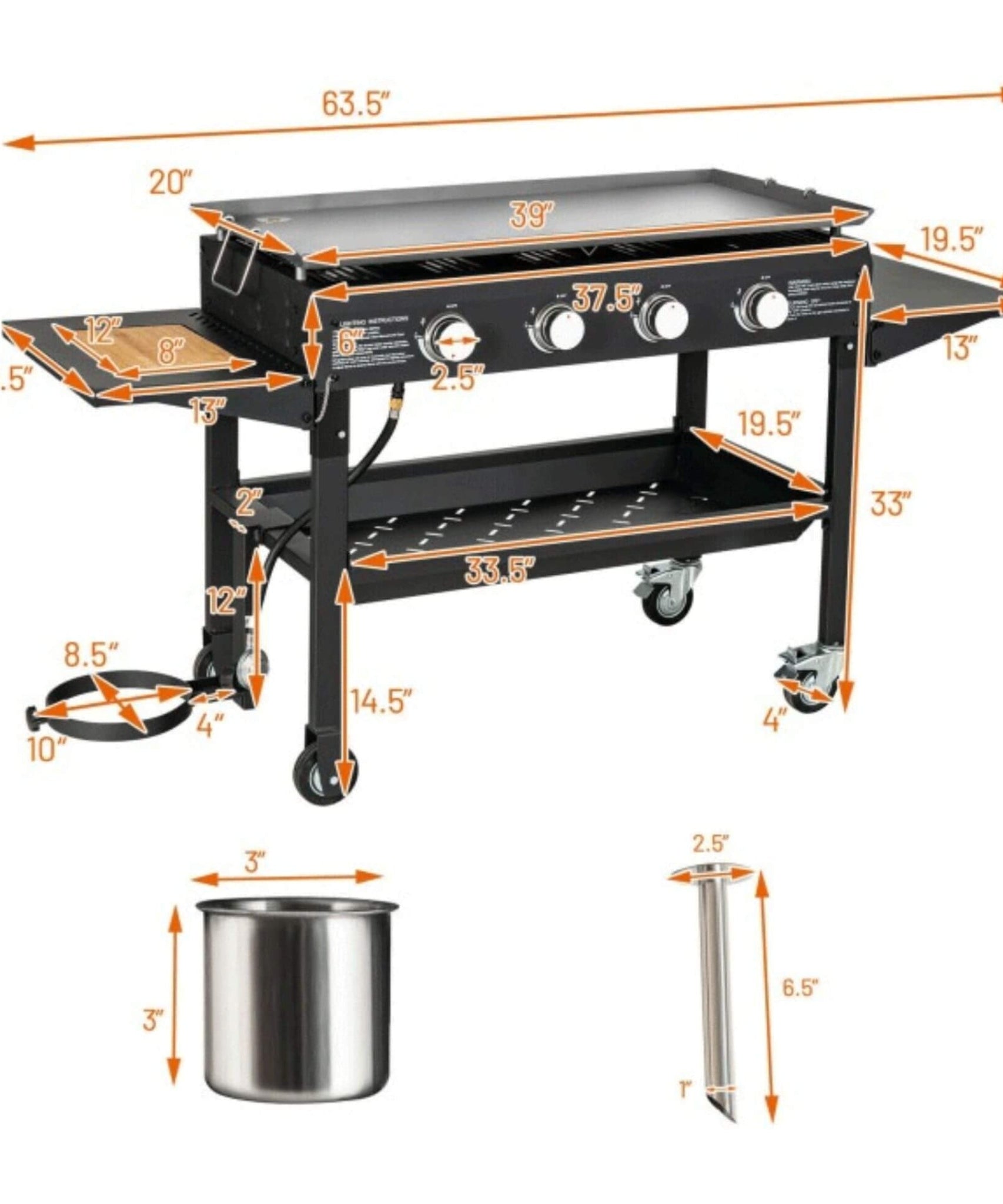 Portable Outdoor 4 Burner Propane Flat Top Gas Grill W/ Wheels, 60K BTU (SAK66104)