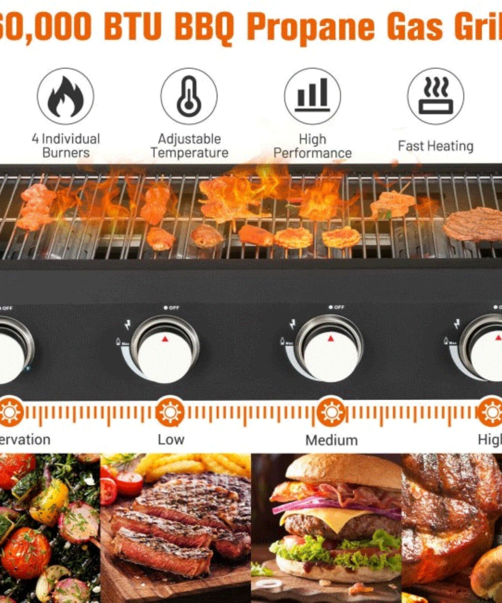 Portable Outdoor 4 Burner Propane Flat Top Gas Grill W/ Wheels, 60K BTU (SAK66104)