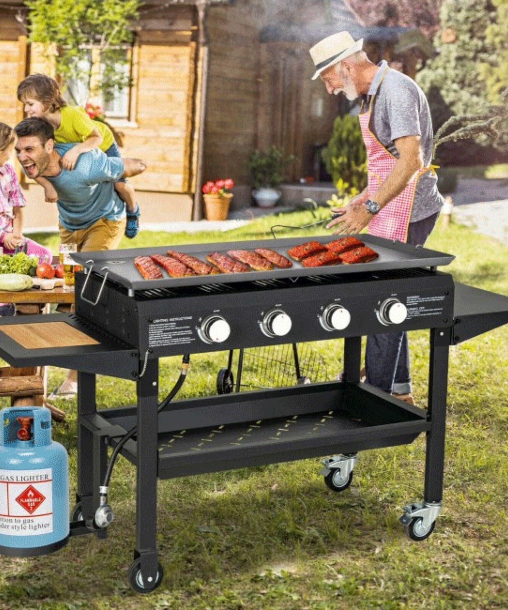 Portable Outdoor 4 Burner Propane Flat Top Gas Grill W/ Wheels, 60K BTU (SAK66104)