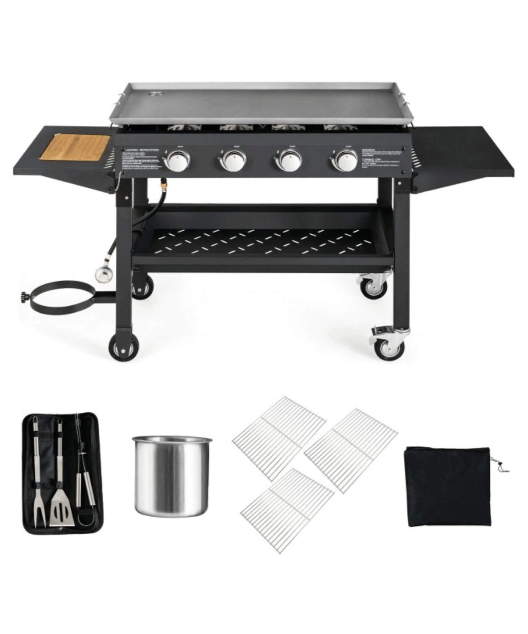 Portable Outdoor 4 Burner Propane Flat Top Gas Grill W/ Wheels, 60K BTU (SAK66104)