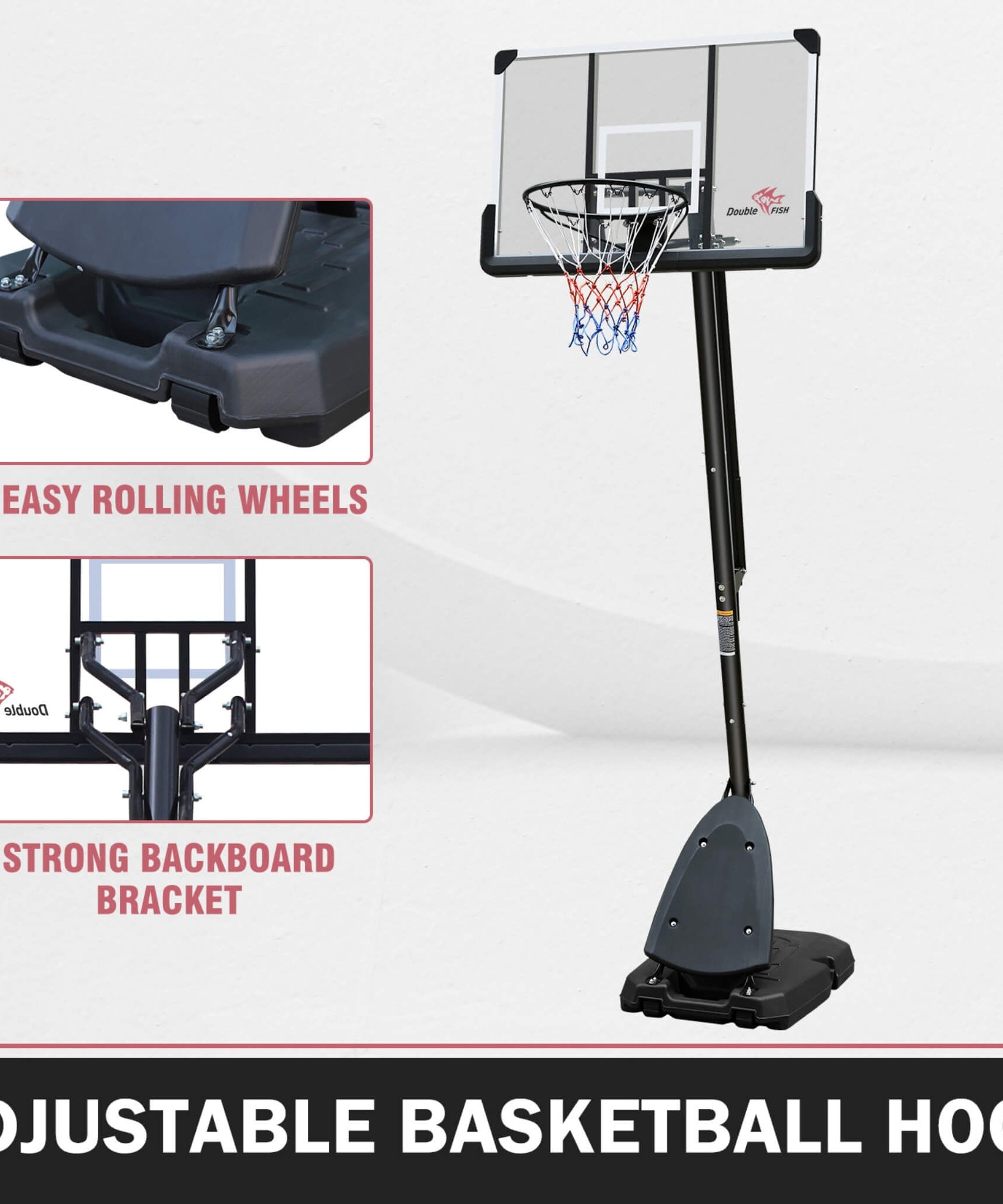 Portable Outdoor All-Weather Height Adjustable Basketball Hoop With 44-Inch Backboard And Wheels, 10FT (SAK58741)