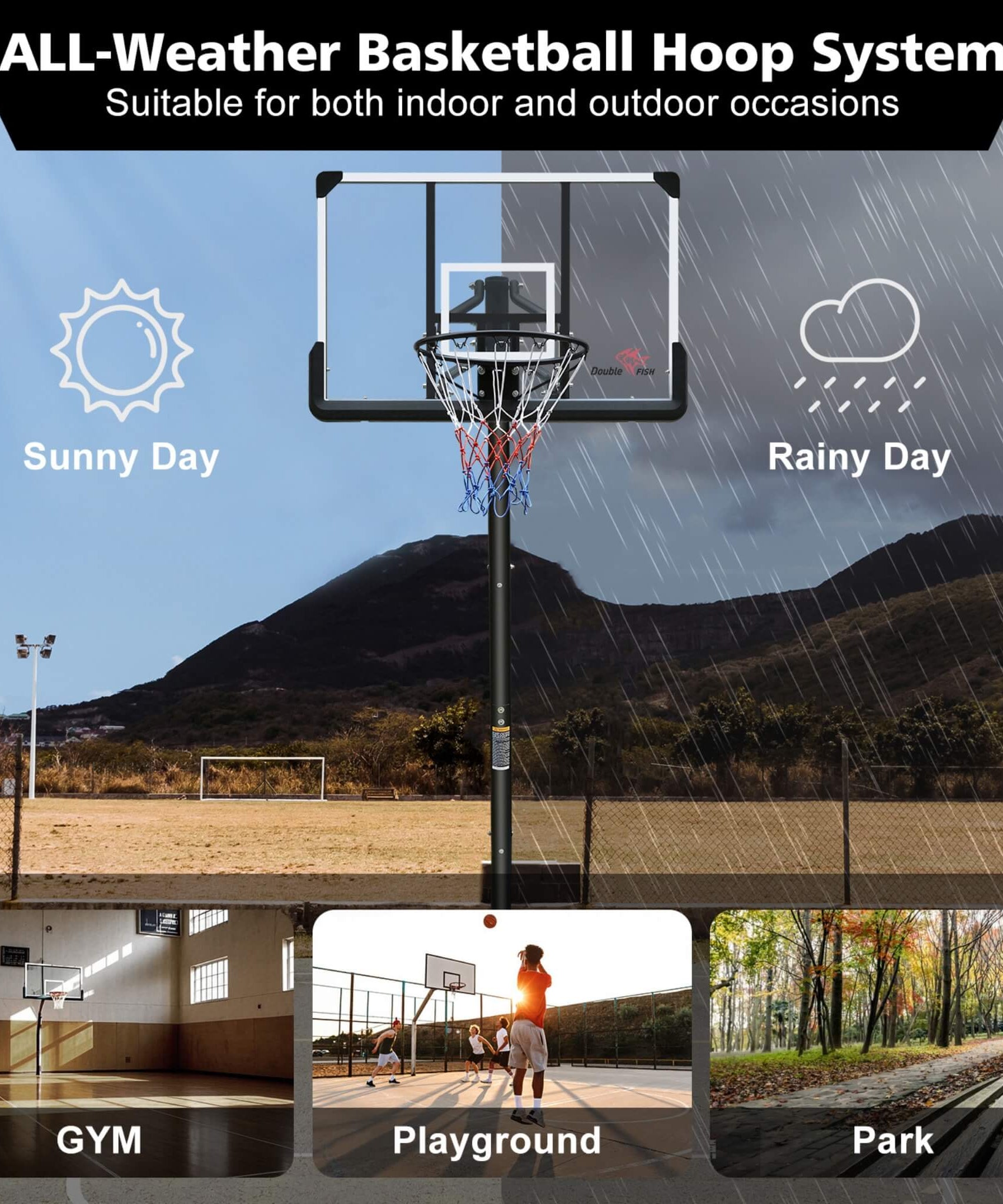 Portable Outdoor All-Weather Height Adjustable Basketball Hoop With 44-Inch Backboard And Wheels, 10FT (SAK58741)