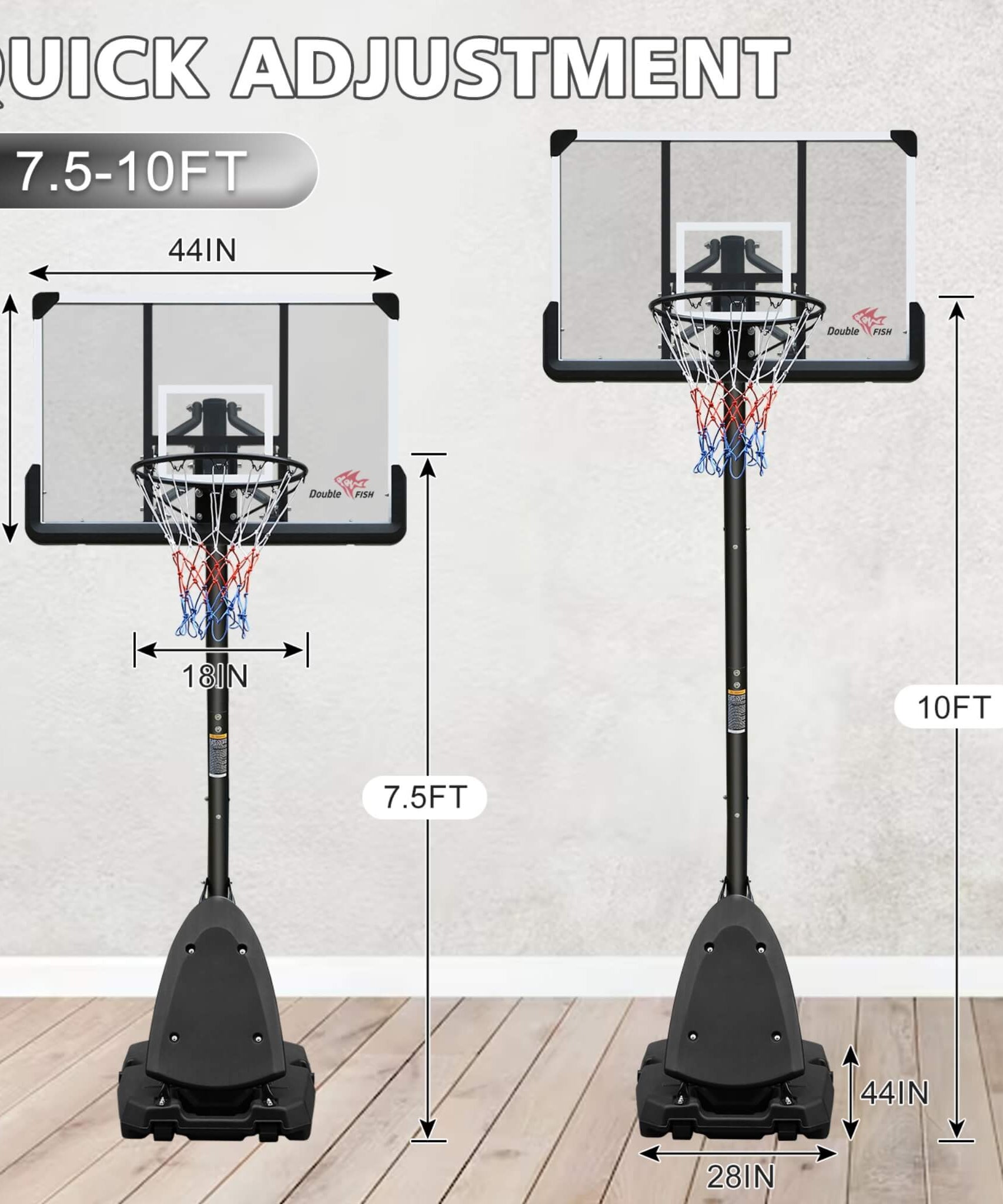 Portable Outdoor All-Weather Height Adjustable Basketball Hoop With 44-Inch Backboard And Wheels, 10FT (SAK58741)