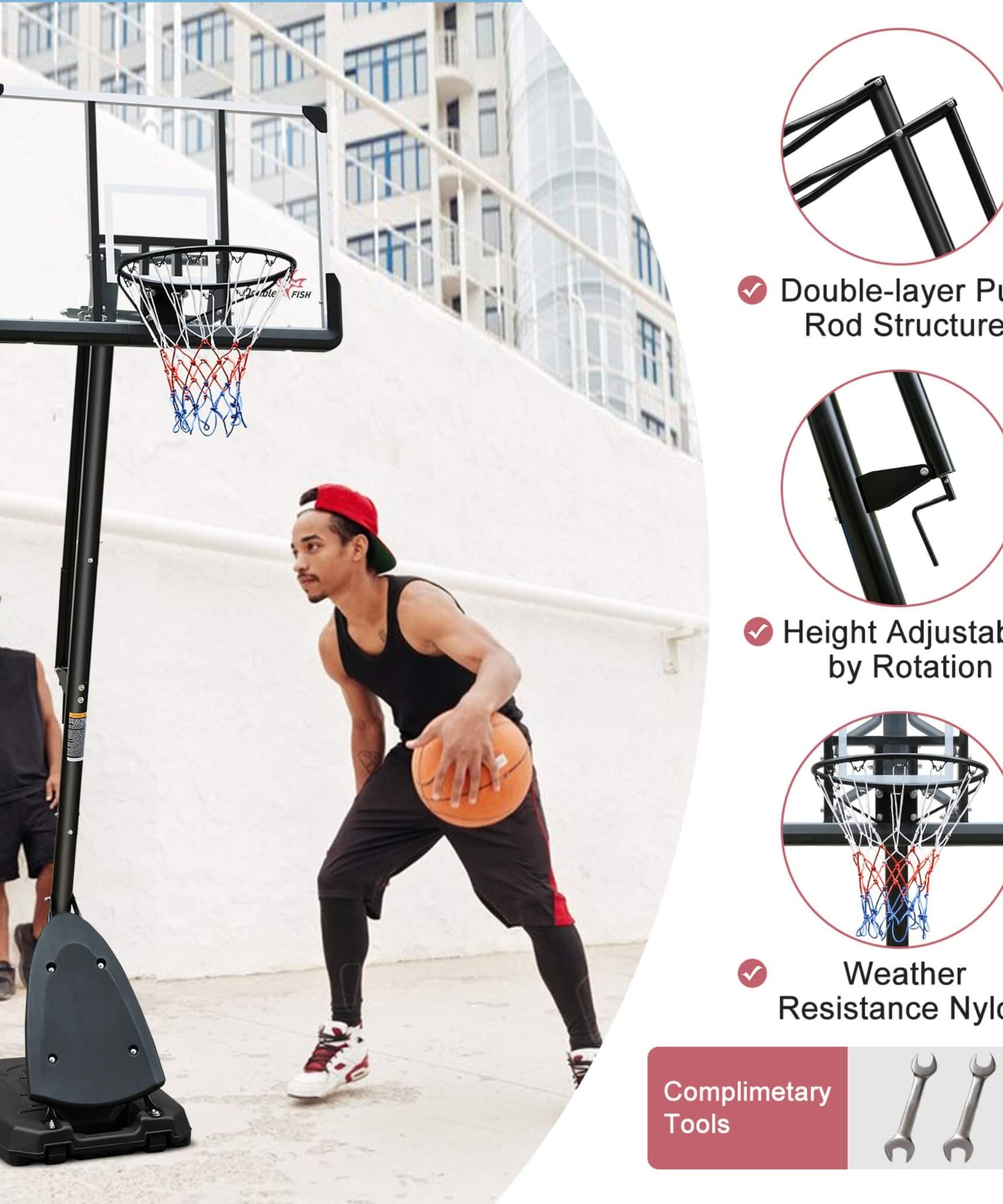 Portable Outdoor All-Weather Height Adjustable Basketball Hoop With 44-Inch Backboard And Wheels, 10FT (SAK58741)