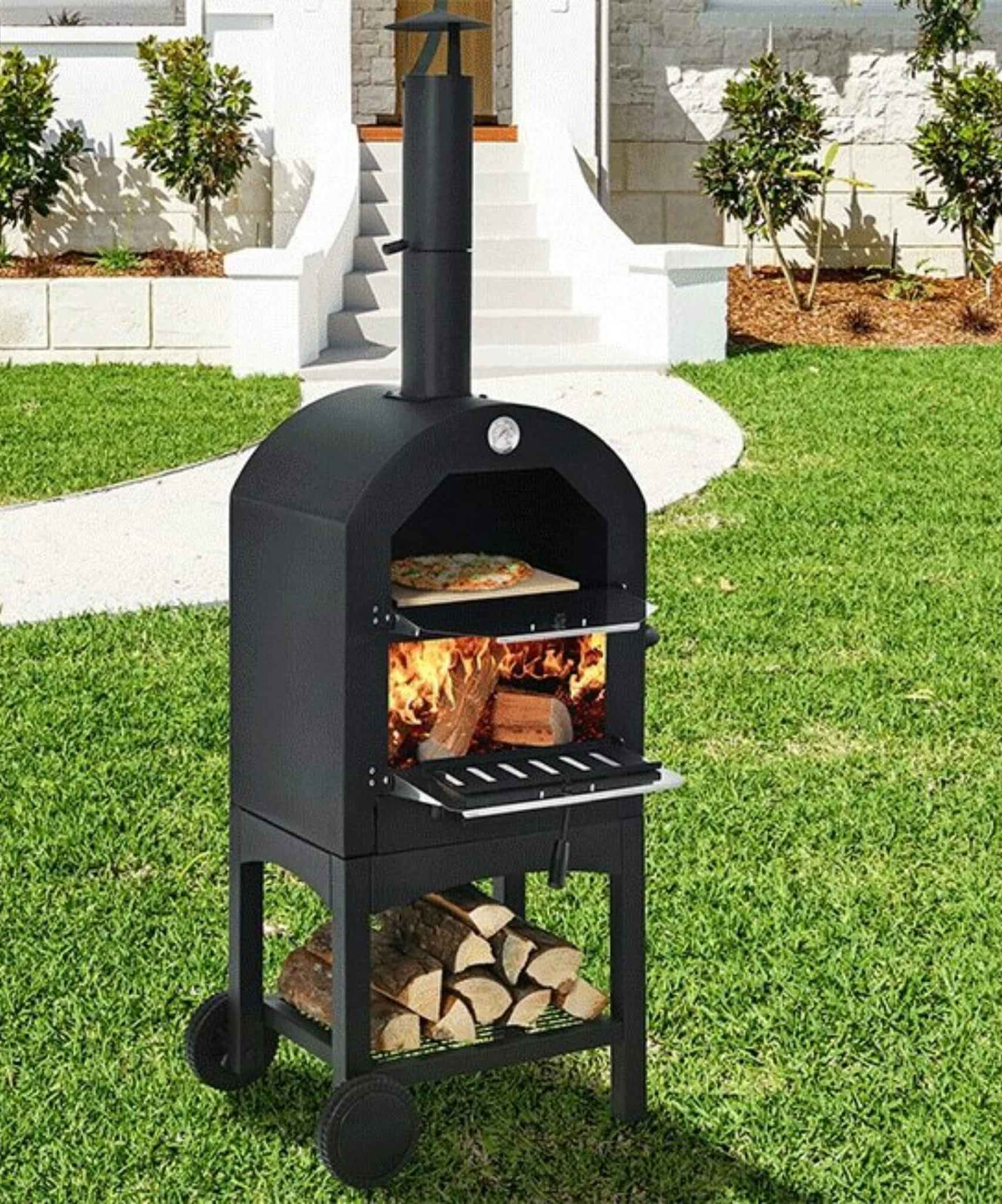 Portable Outdoor Wood Fired Pizza Oven W/ Pizza Stone & Waterproof Cover (SAK82635)