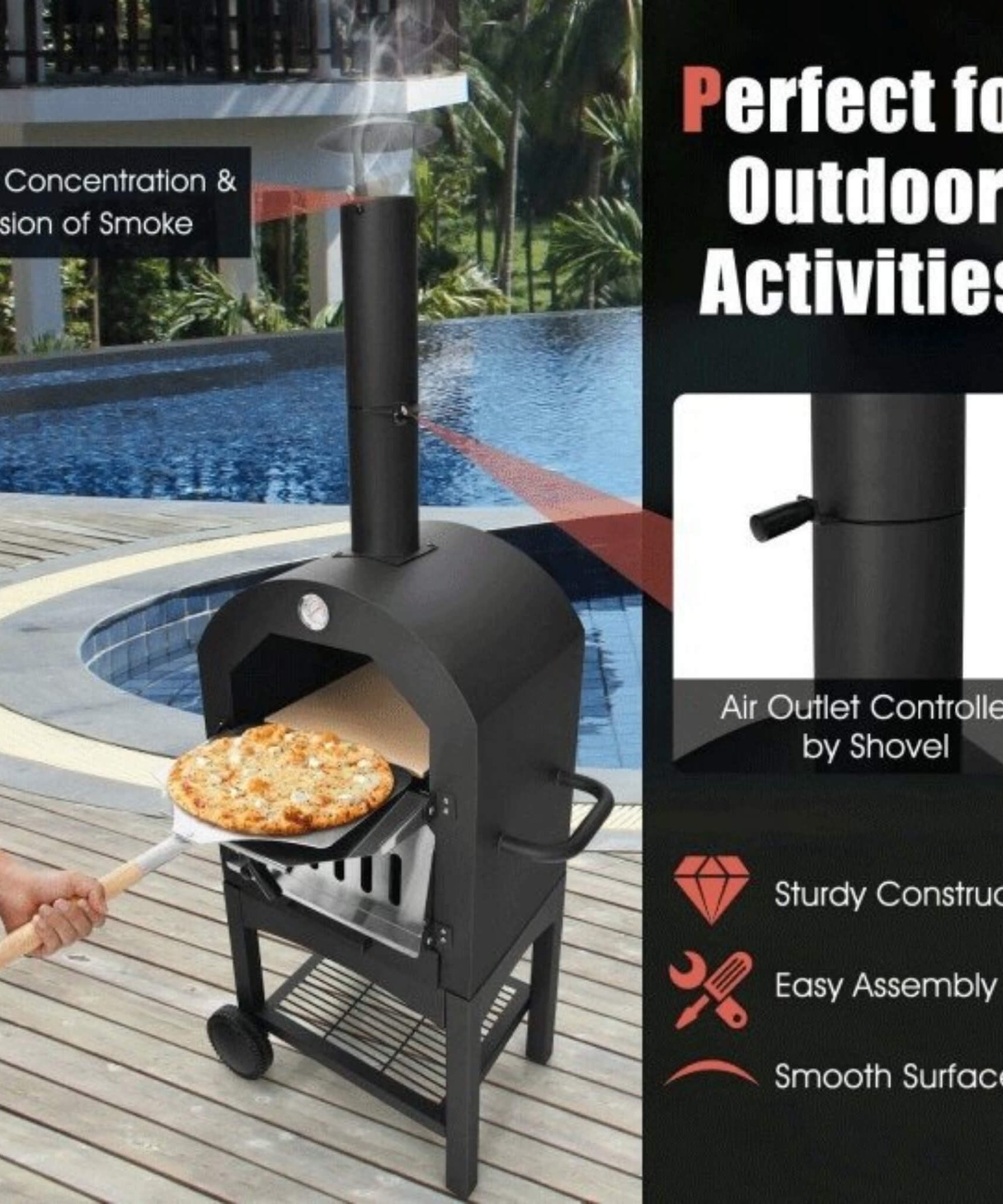 Portable Outdoor Wood Fired Pizza Oven W/ Pizza Stone & Waterproof Cover (SAK82635)