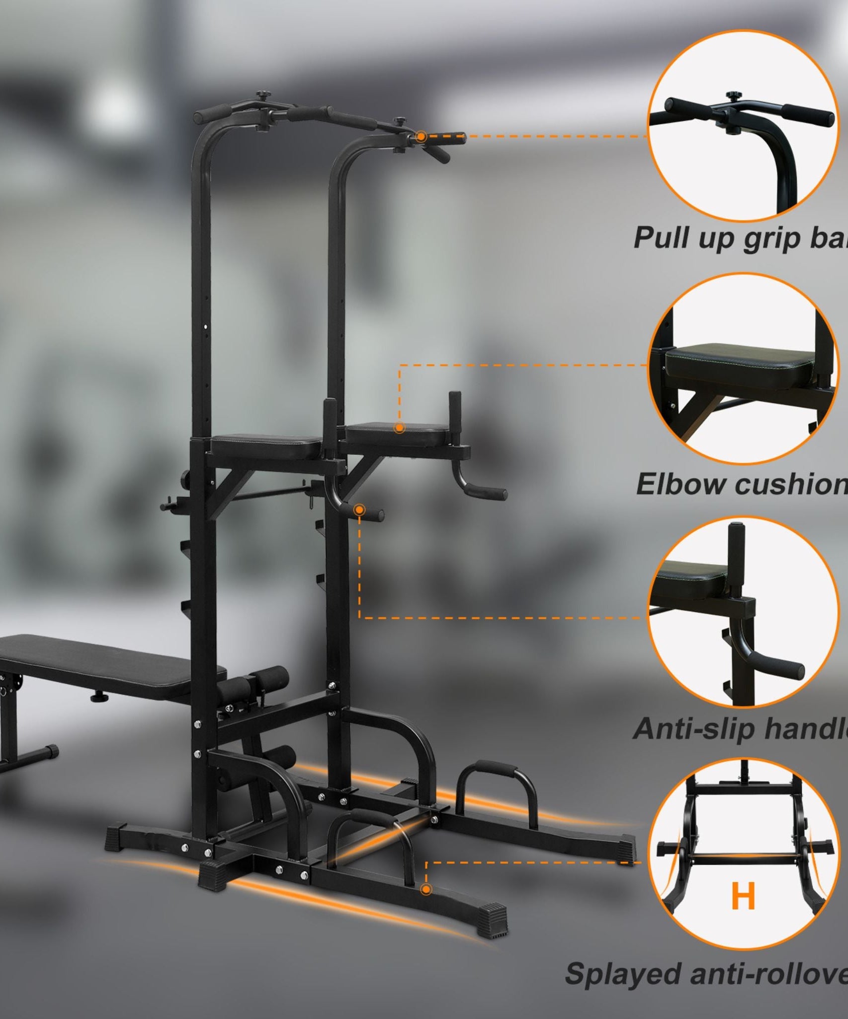 Rovix Power Tower Heavy-Duty Multi-Functional Dip Station With Bench, Pull Up Bar, And Adjustable Height For Home Gyms (SAK64327)